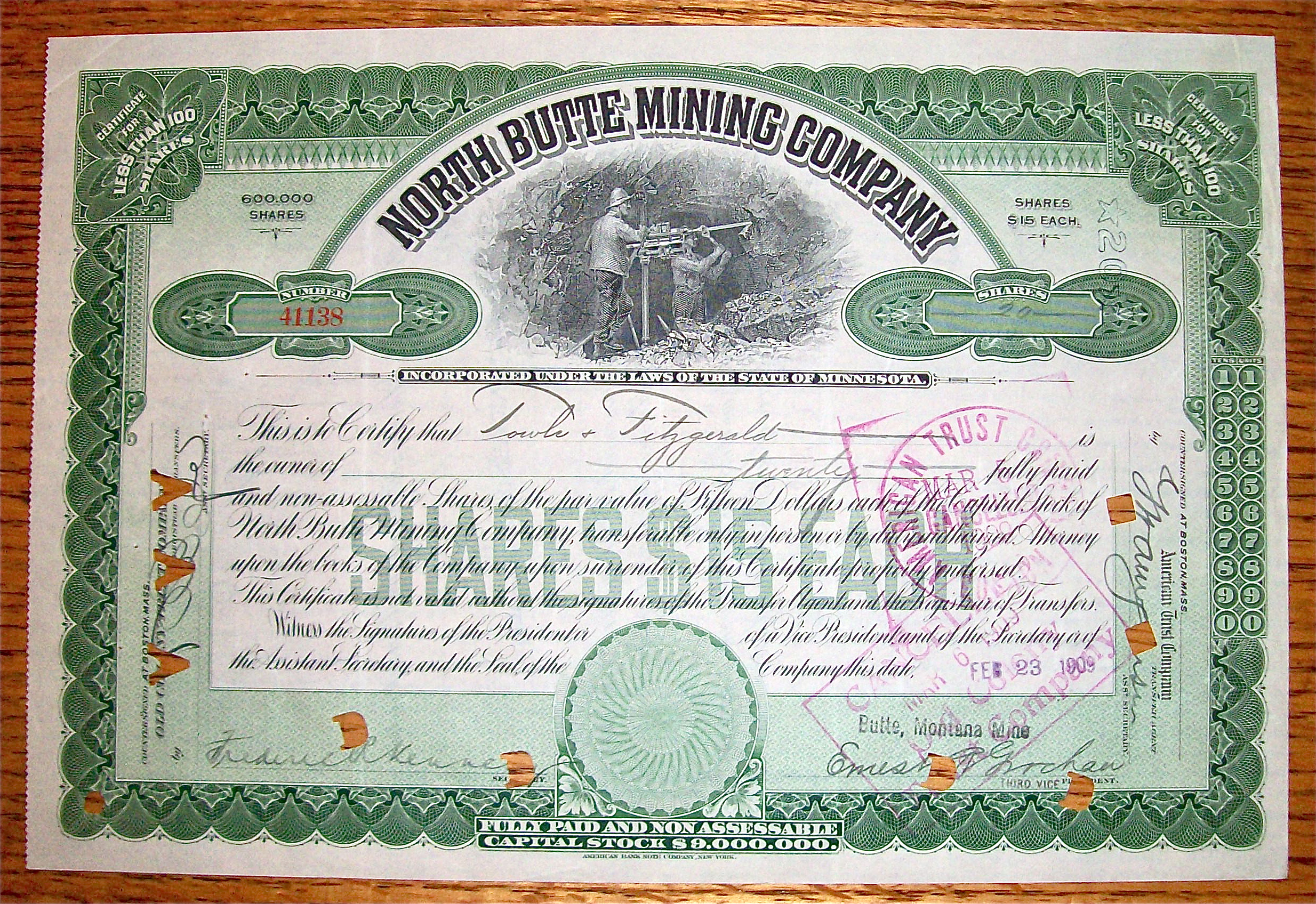 1909 North Butte Mining Company Stock Certificate