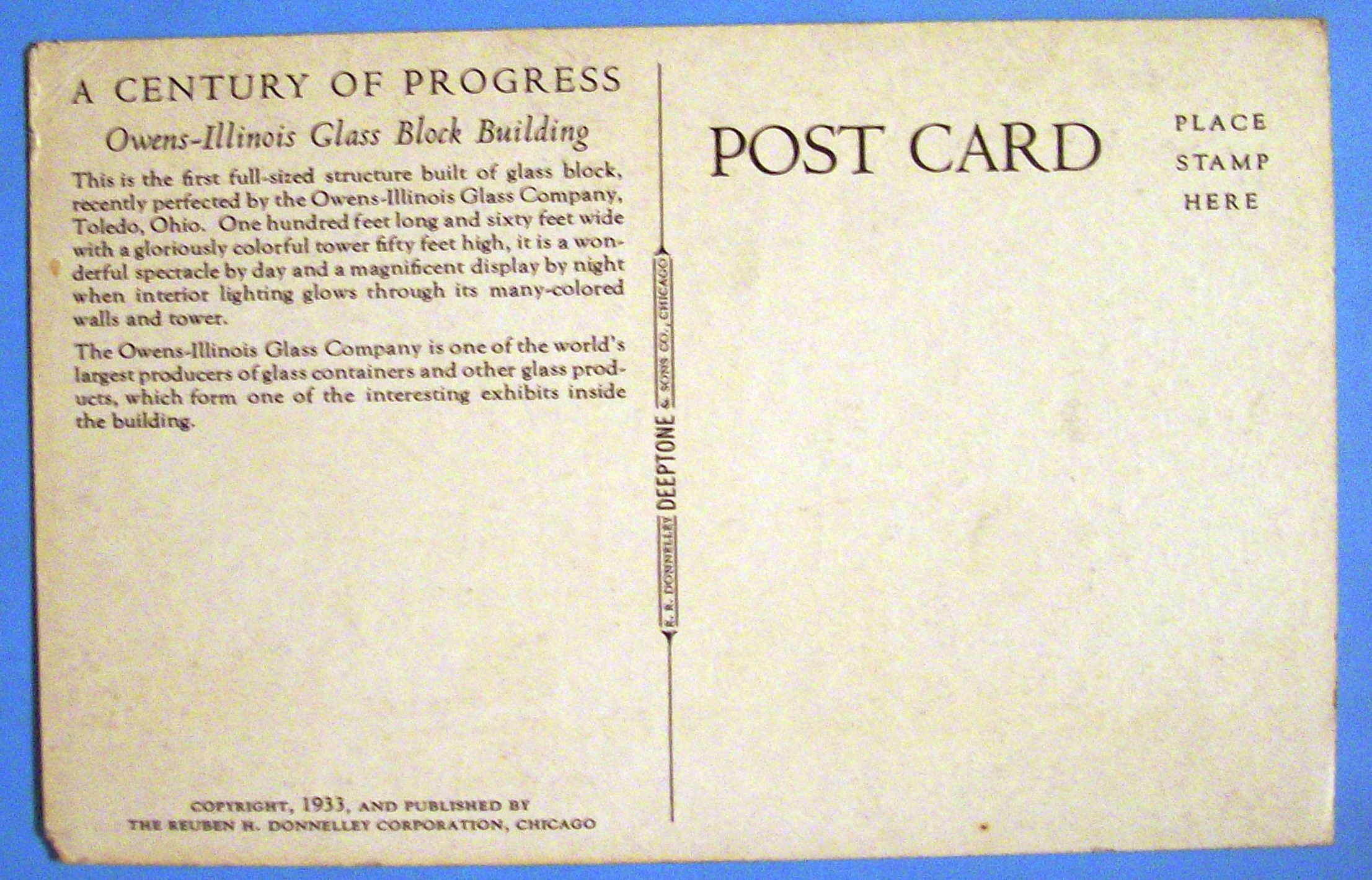 1933 Century of Progress, Owens Illinois Bldg Postcard