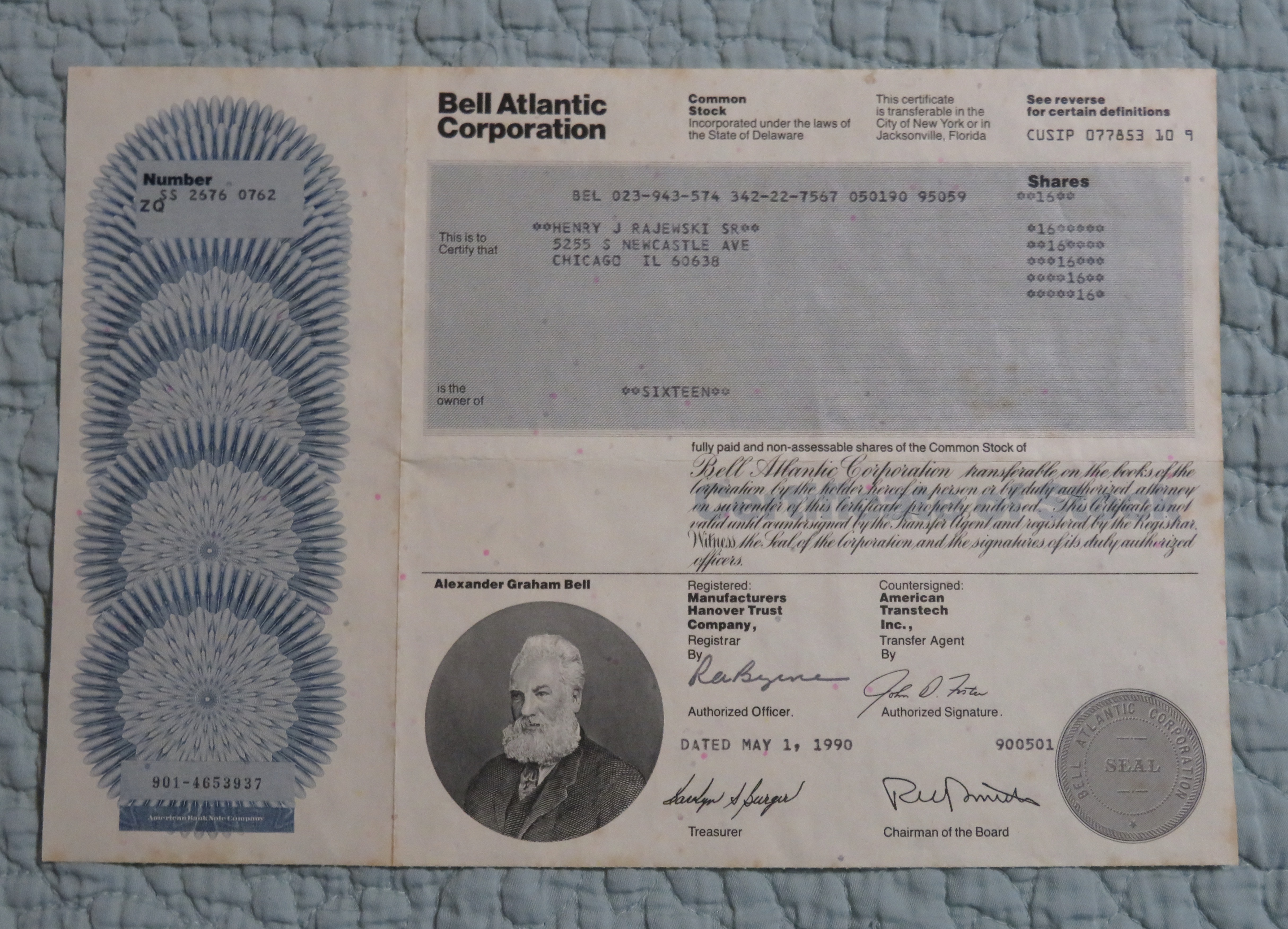 1990 Bell Atlantic Corporation Stock Certificate