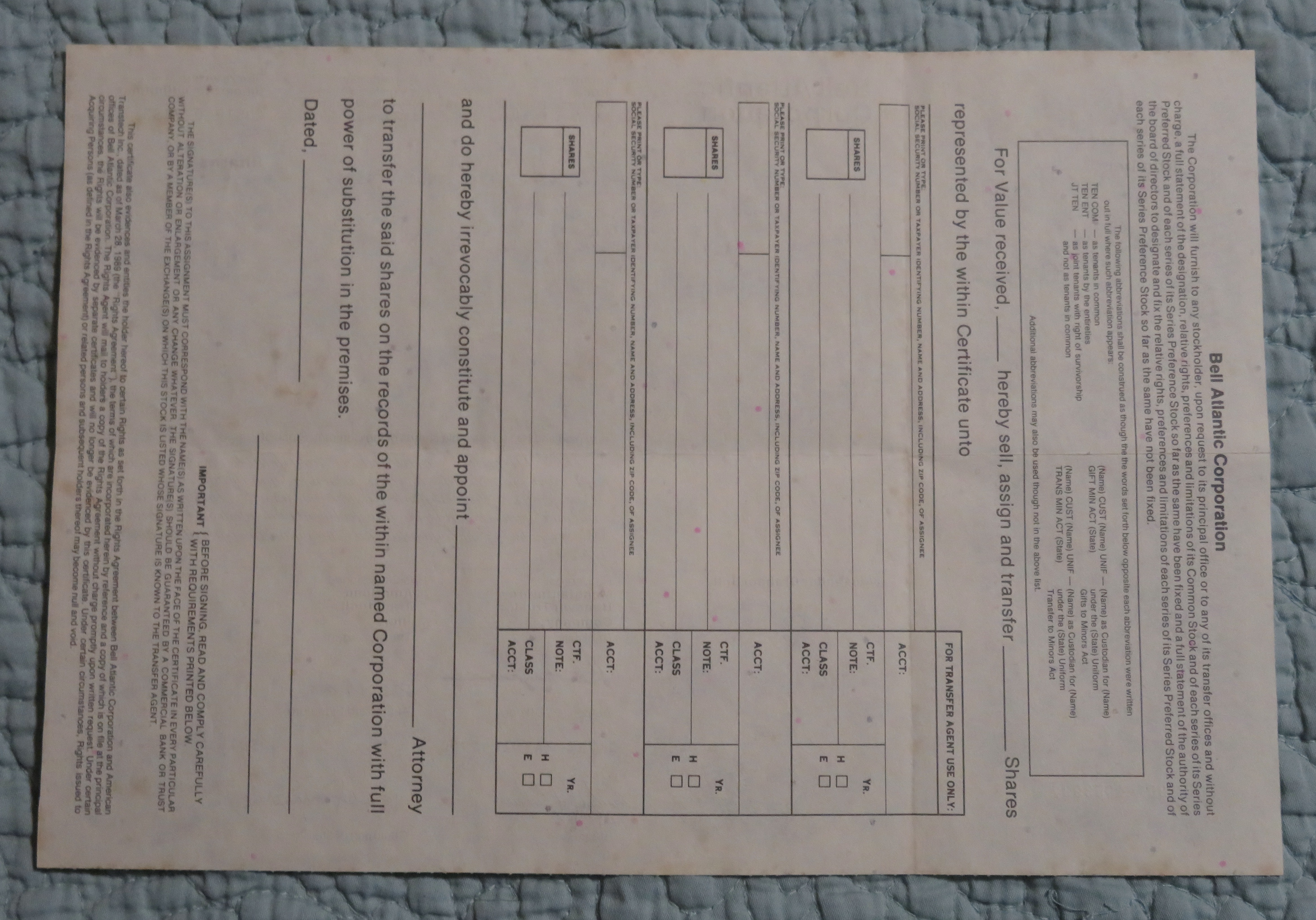 1990 Bell Atlantic Corporation Stock Certificate