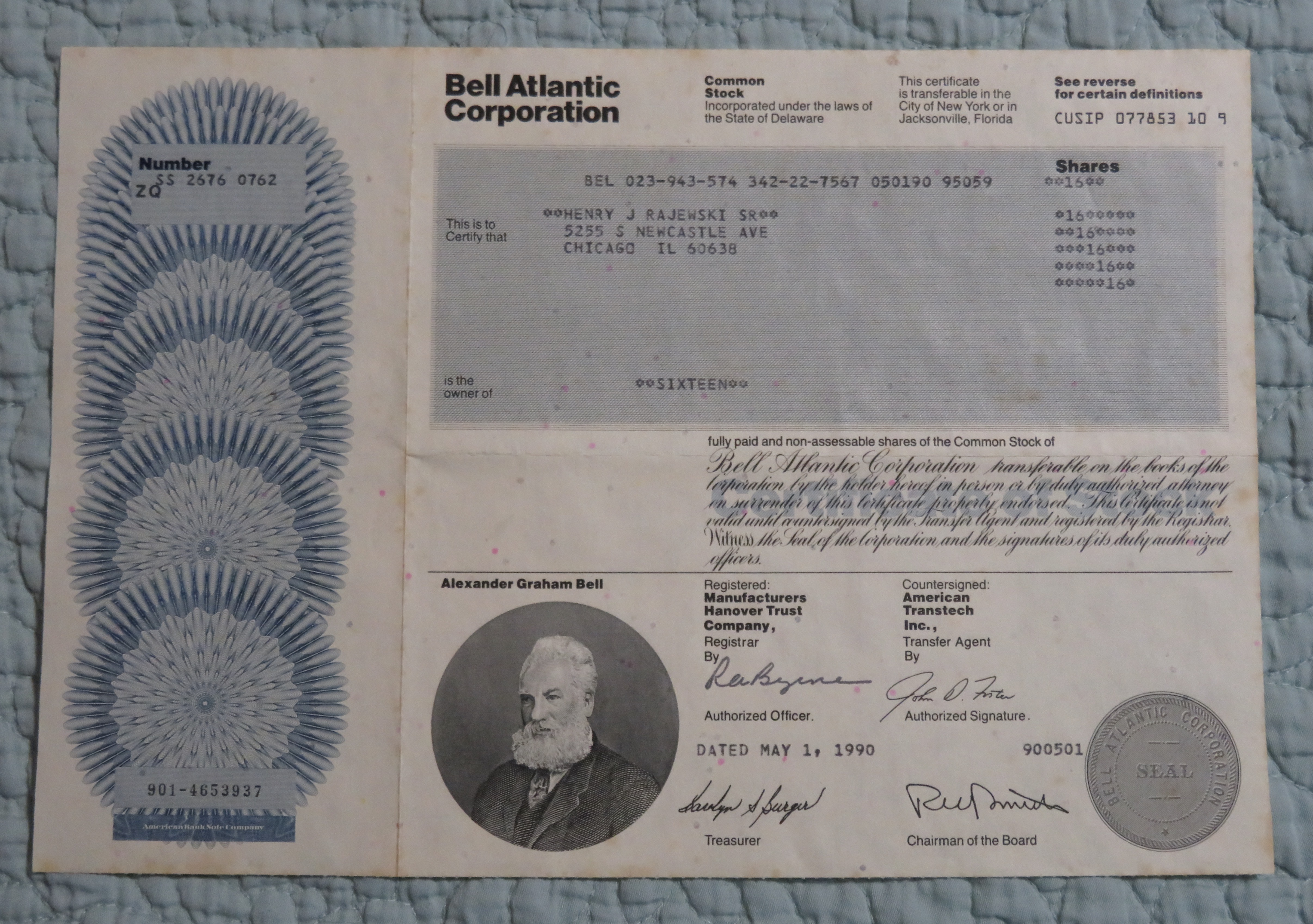 1990 Bell Atlantic Corporation Stock Certificate
