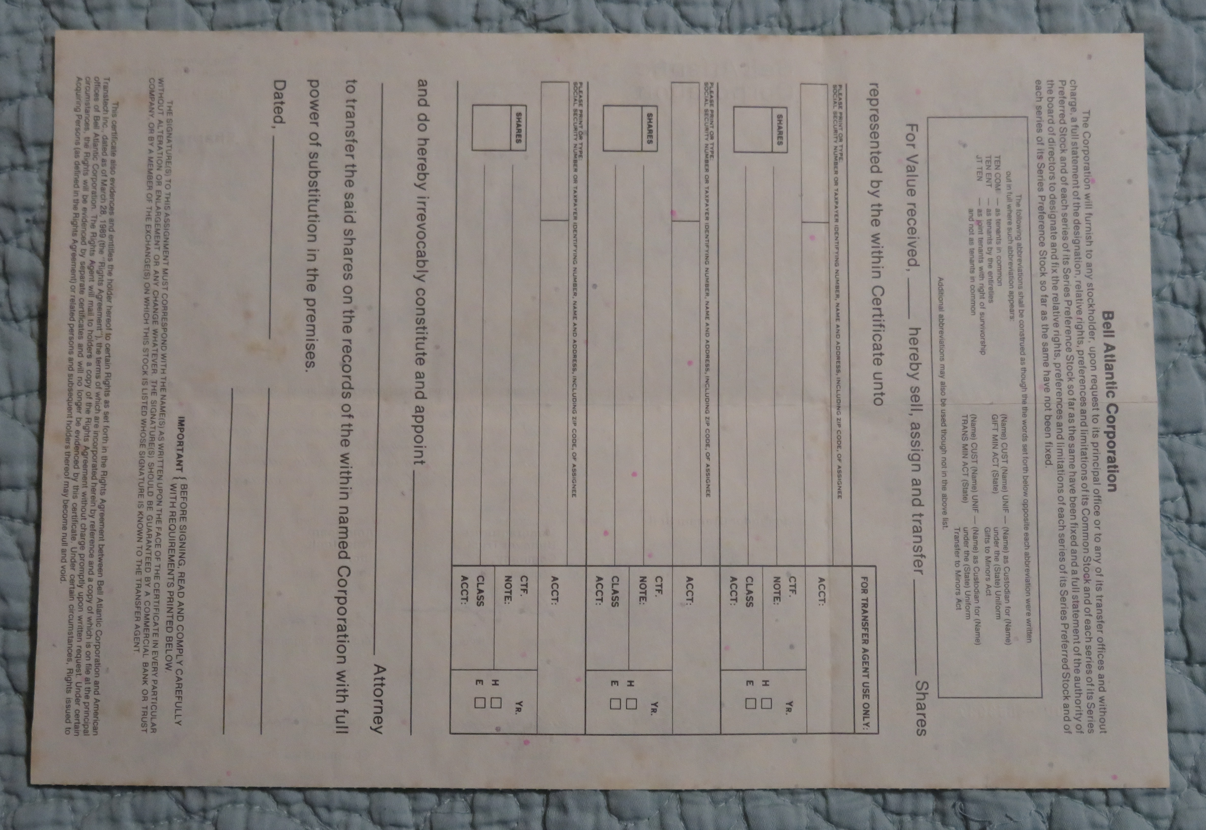 1990 Bell Atlantic Corporation Stock Certificate