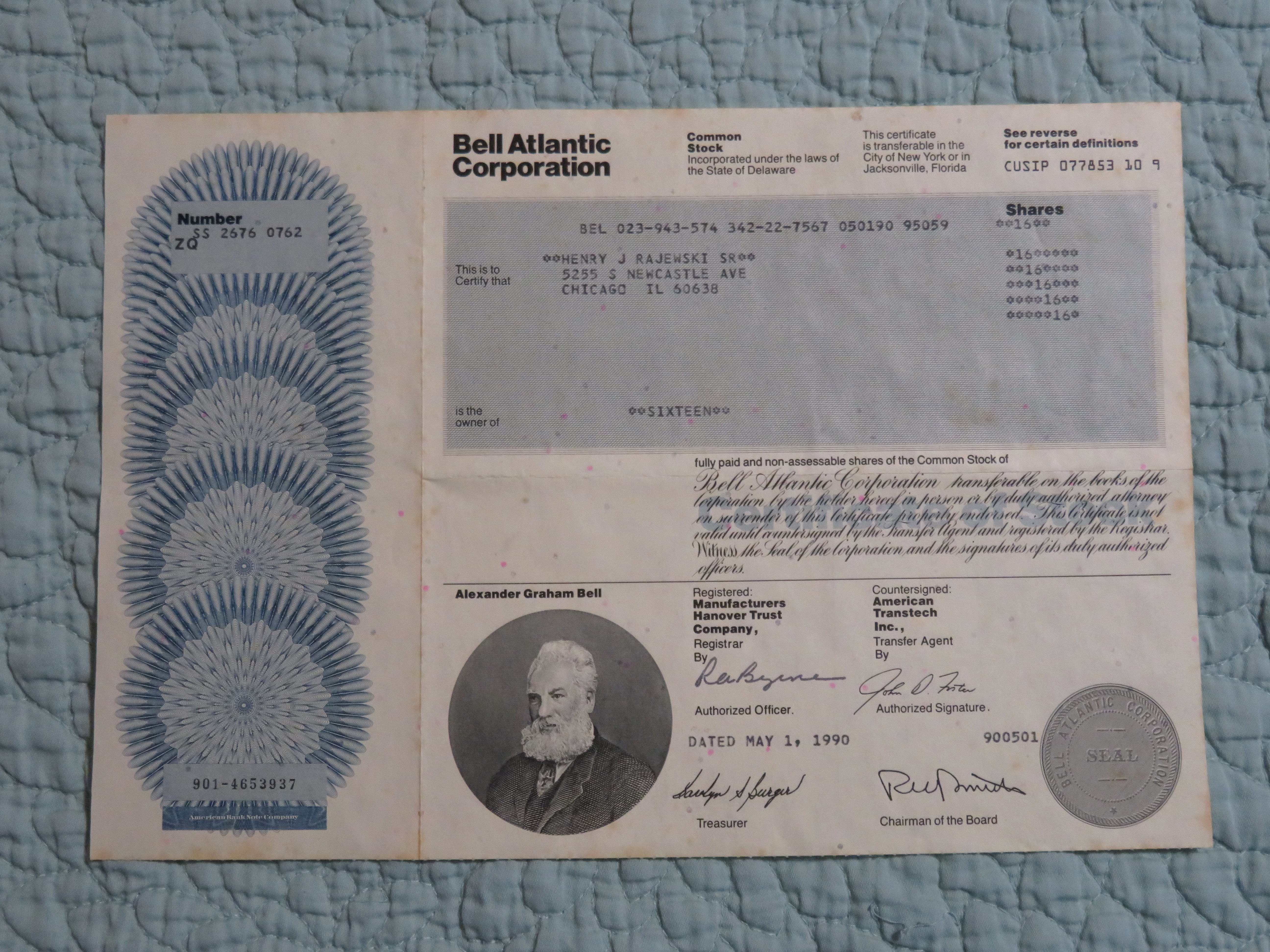 1990 Bell Atlantic Corporation Stock Certificate