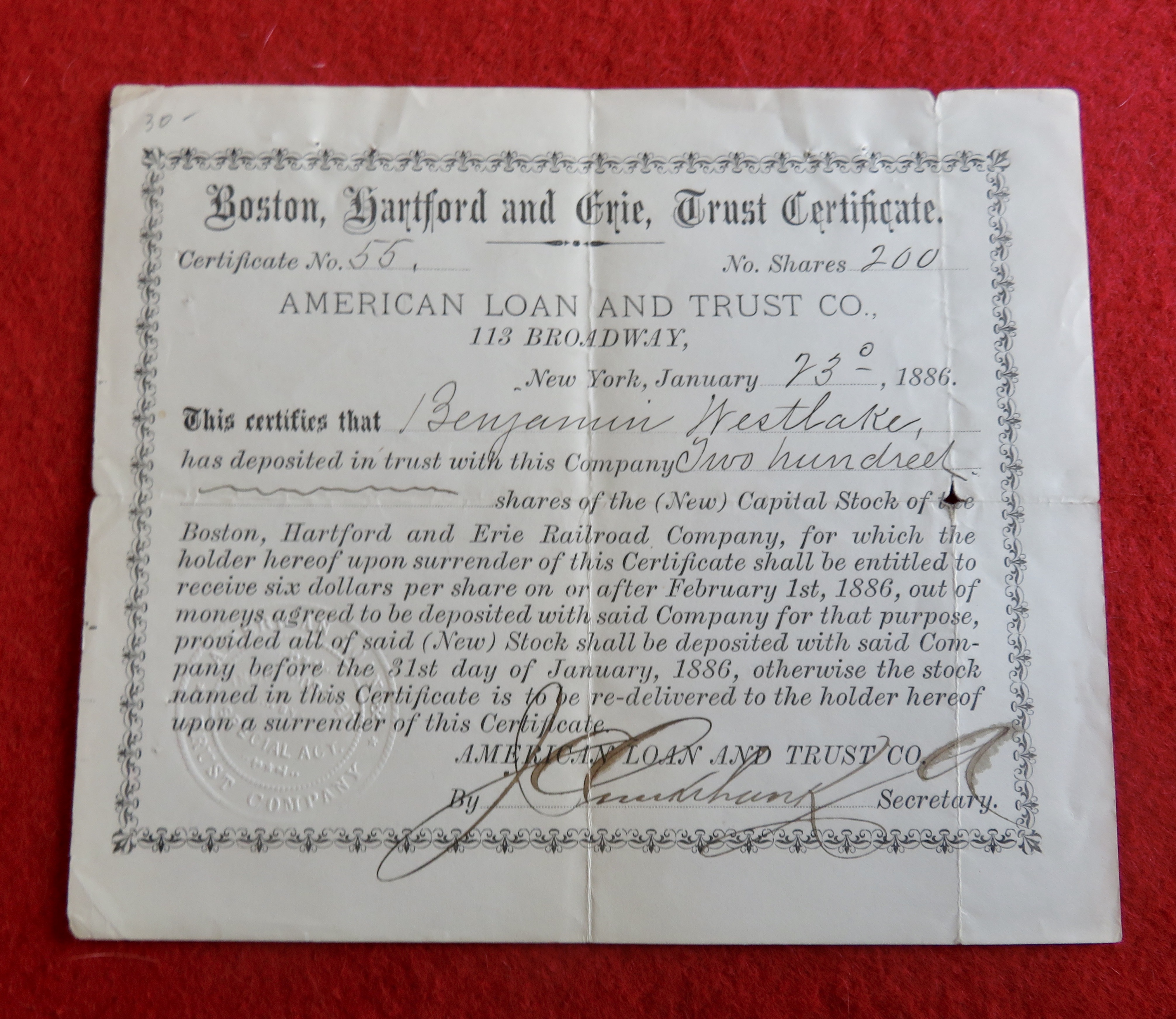 1886 Boston, Hartford & Erie Trust Stock Certificate
