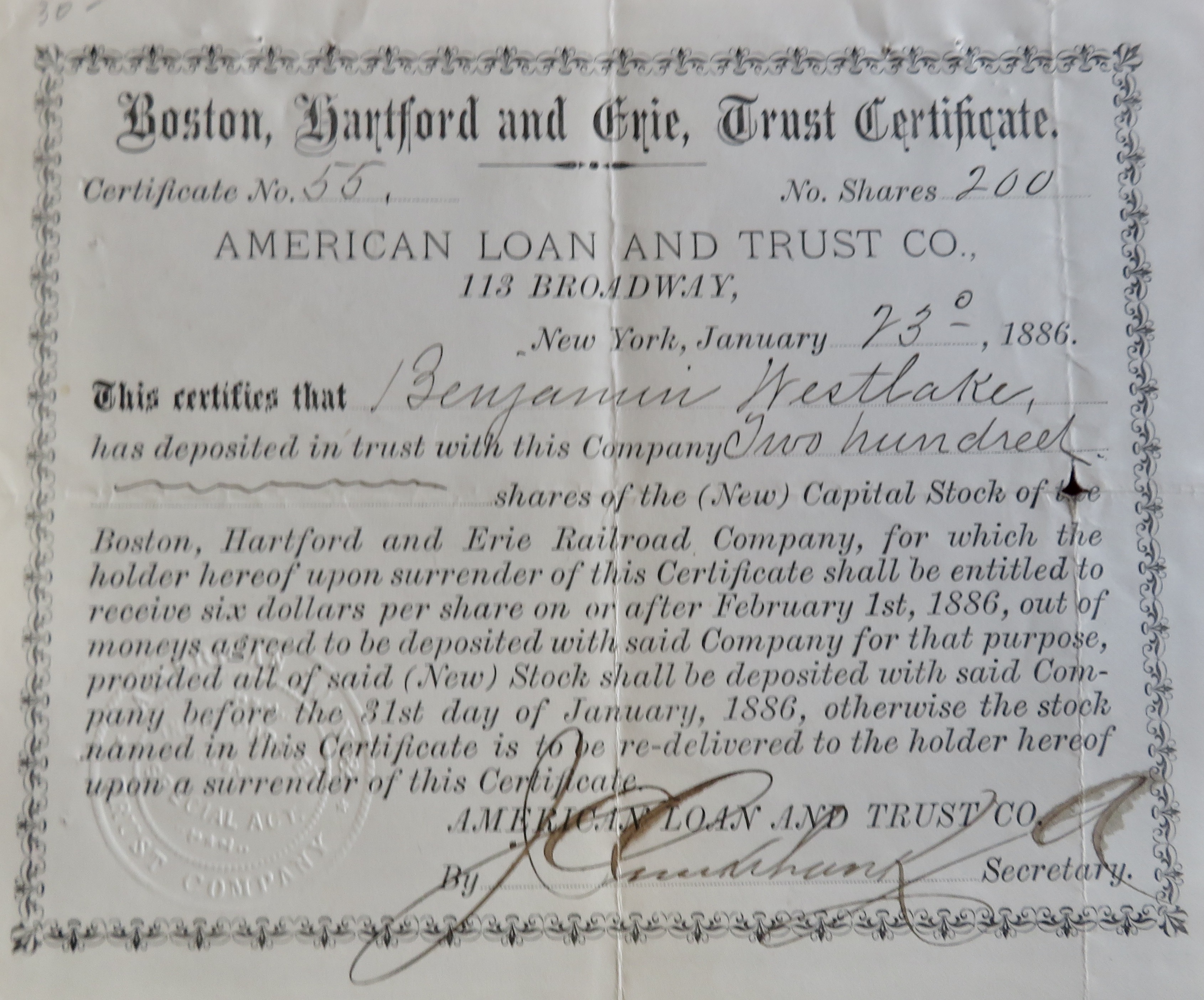 1886 Boston, Hartford & Erie Trust Stock Certificate