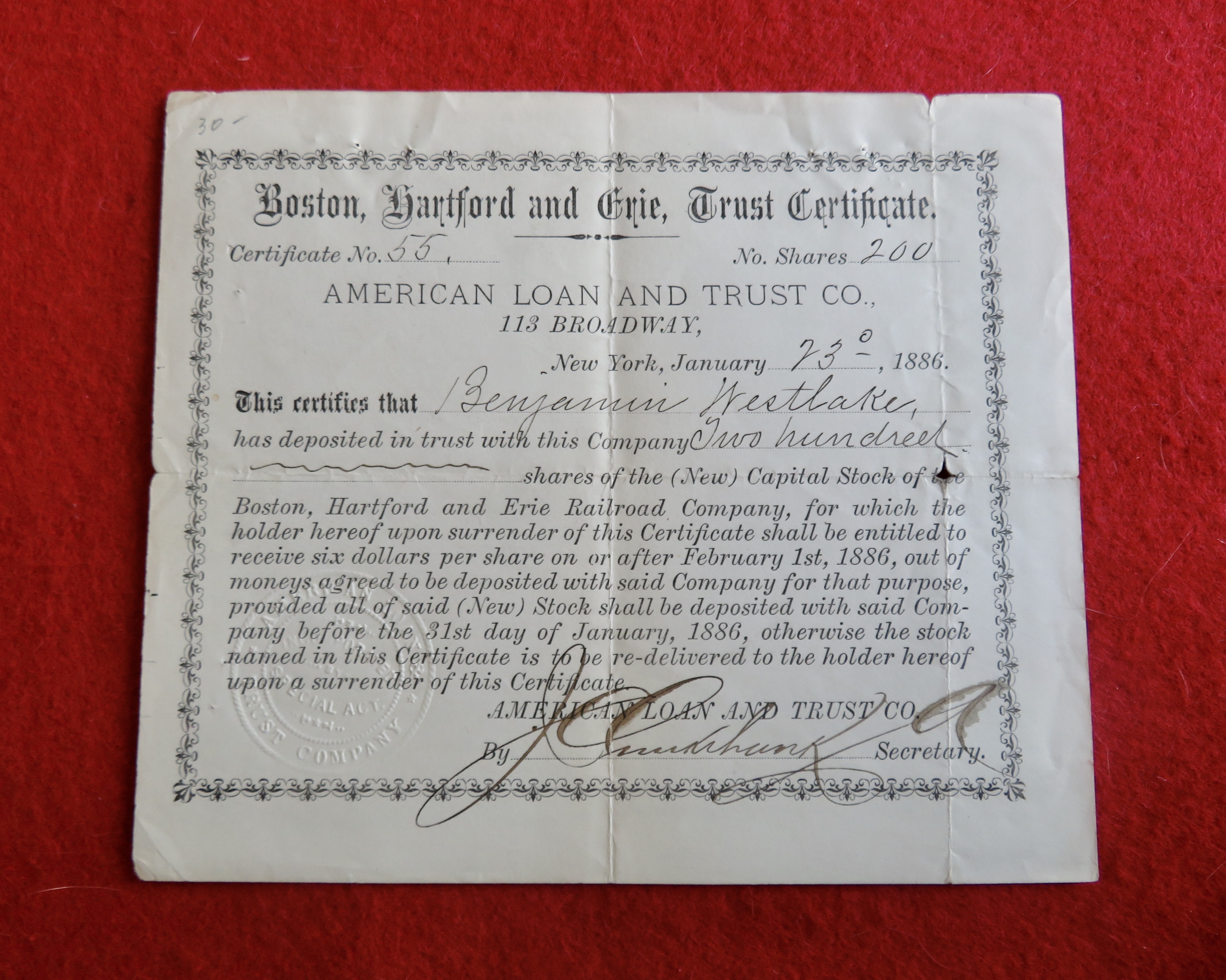 1886 Boston, Hartford & Erie Trust Stock Certificate