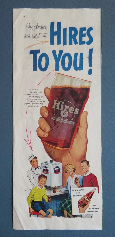 1952 Hires Root Beer with Hand Holding a Glass of Root Beer
