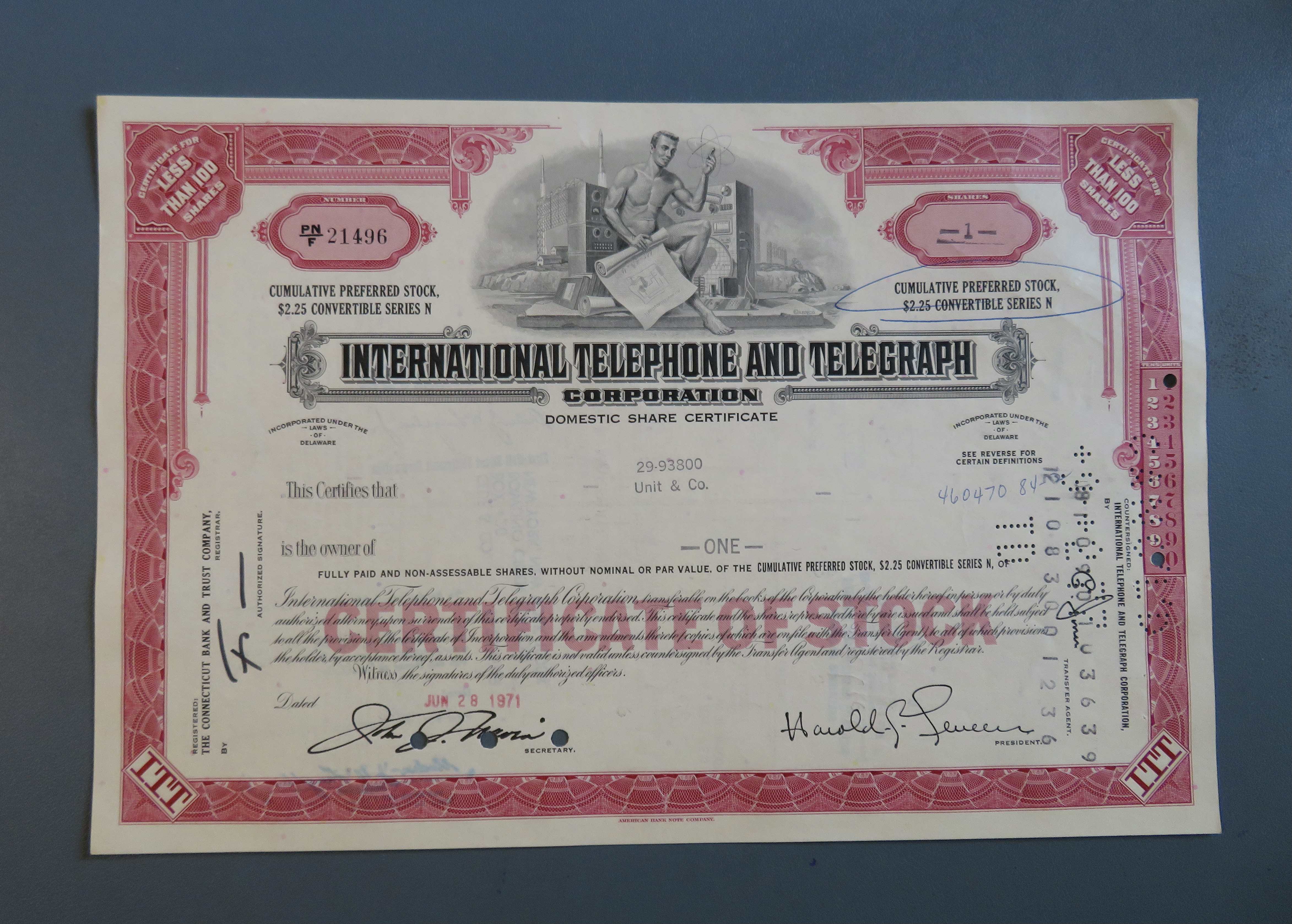 1971 International Telephone & Telegraph Certificate