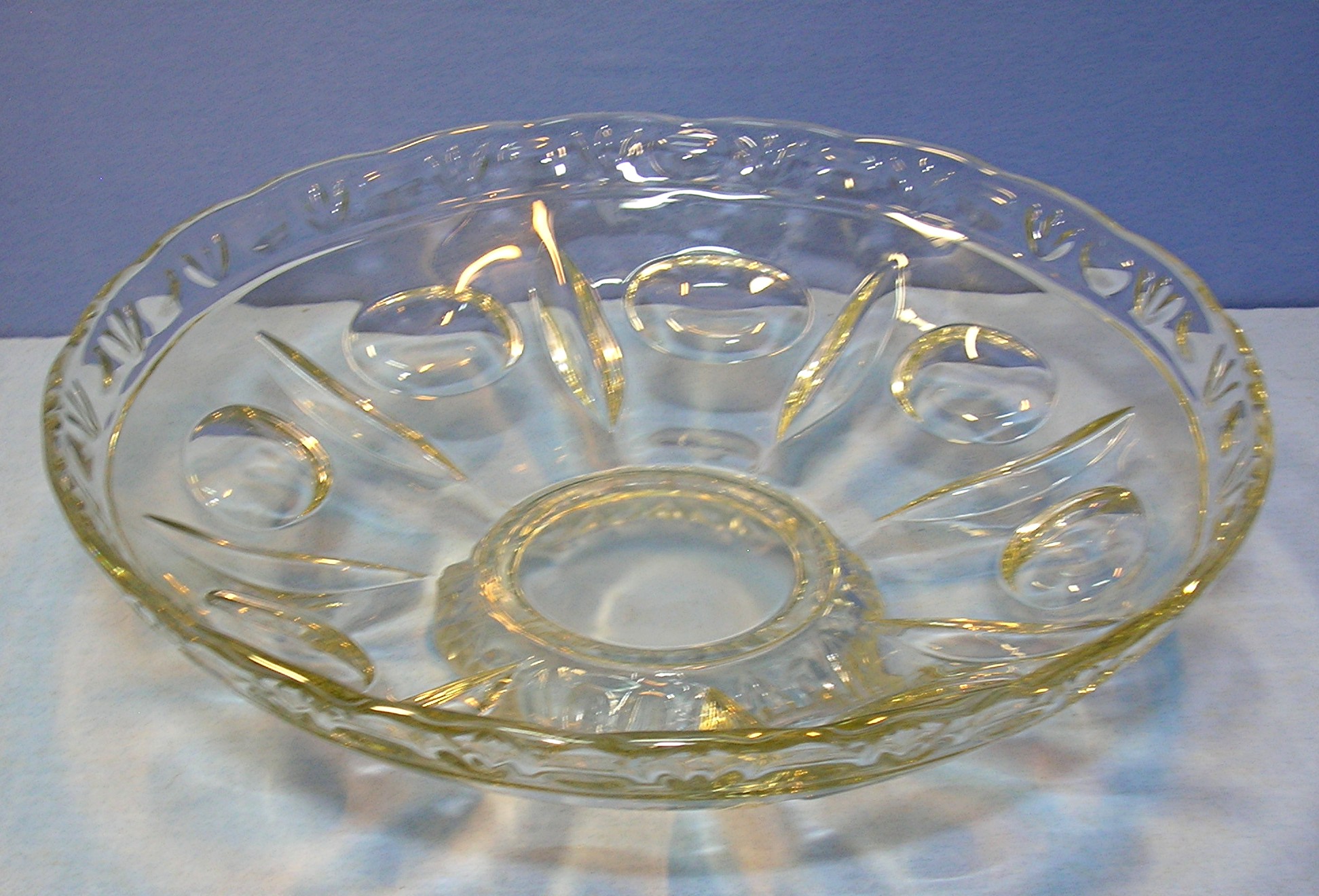 Footed Pressed Glass Vintage Fruit Bowl . .