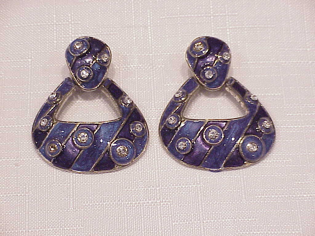 Berebi Large Blue Enamel And Rhinestone Pierced Earrings