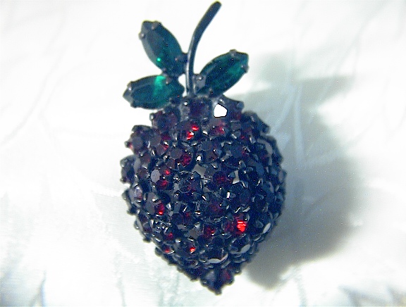 Ruby Red Glass & Emerald Green WARNER Strawberry Pin