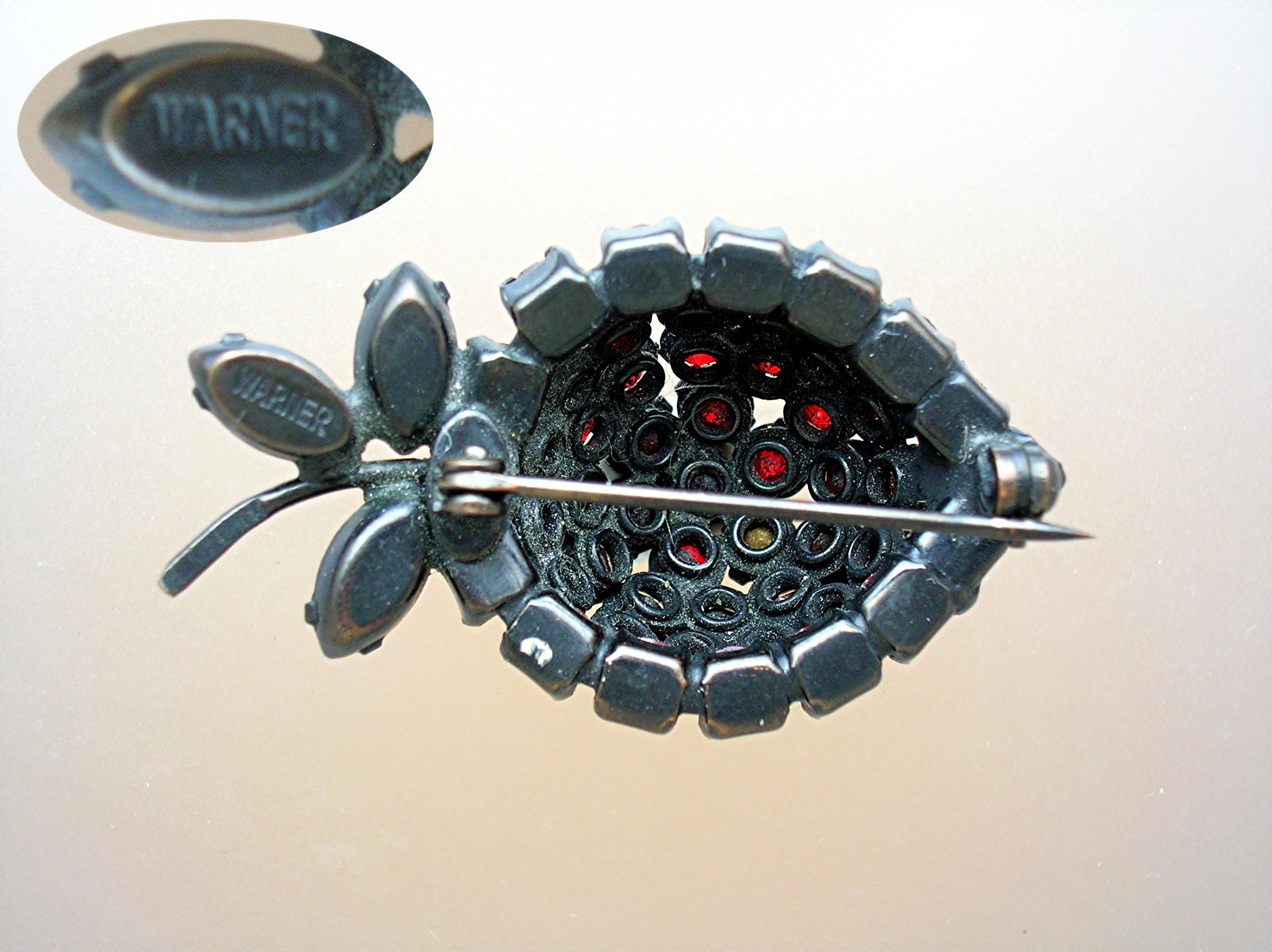 Ruby Red Glass & Emerald Green WARNER Strawberry Pin