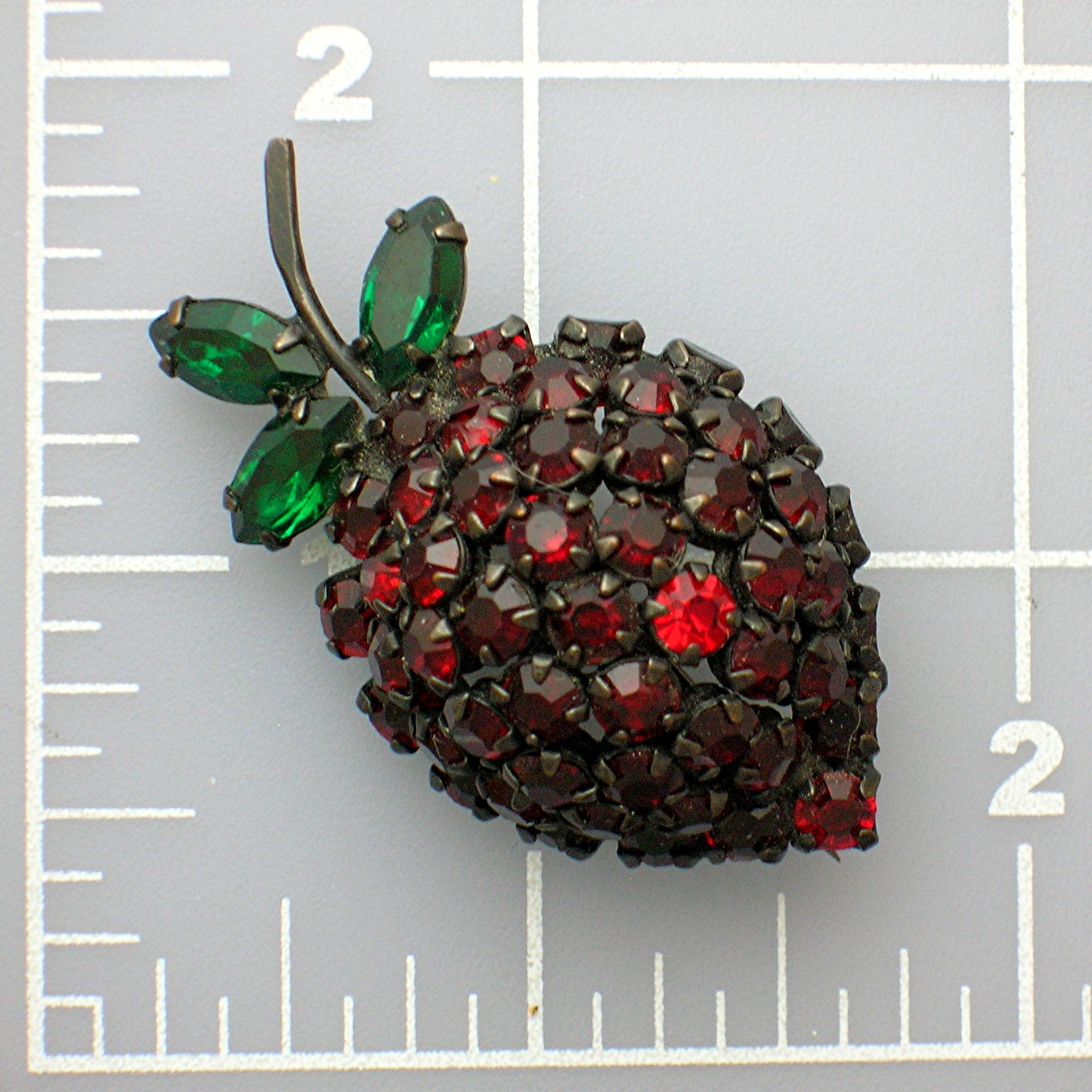 Ruby Red Glass & Emerald Green WARNER Strawberry Pin