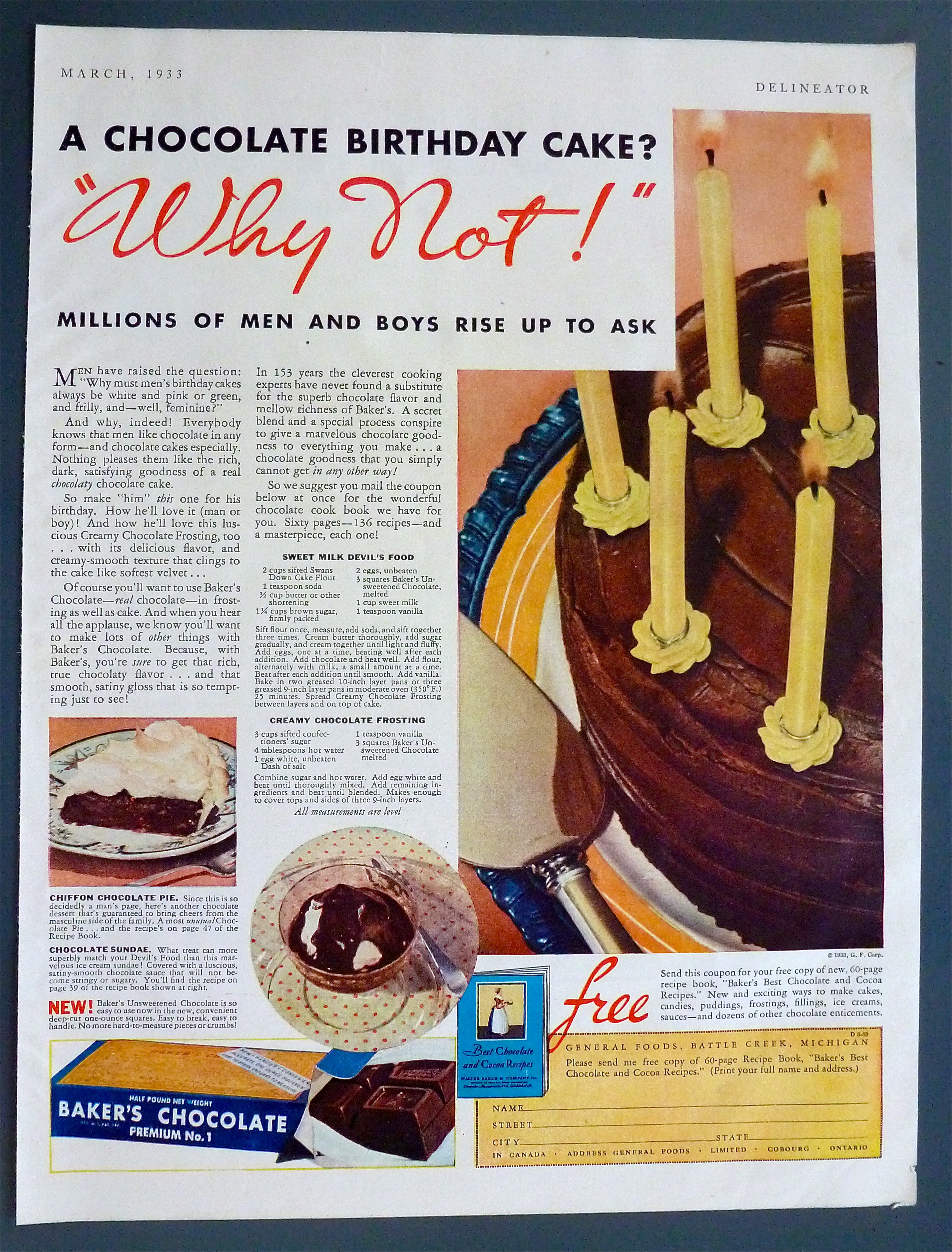 1933 Baker's Chocolate with Chocolate Birthday Cake