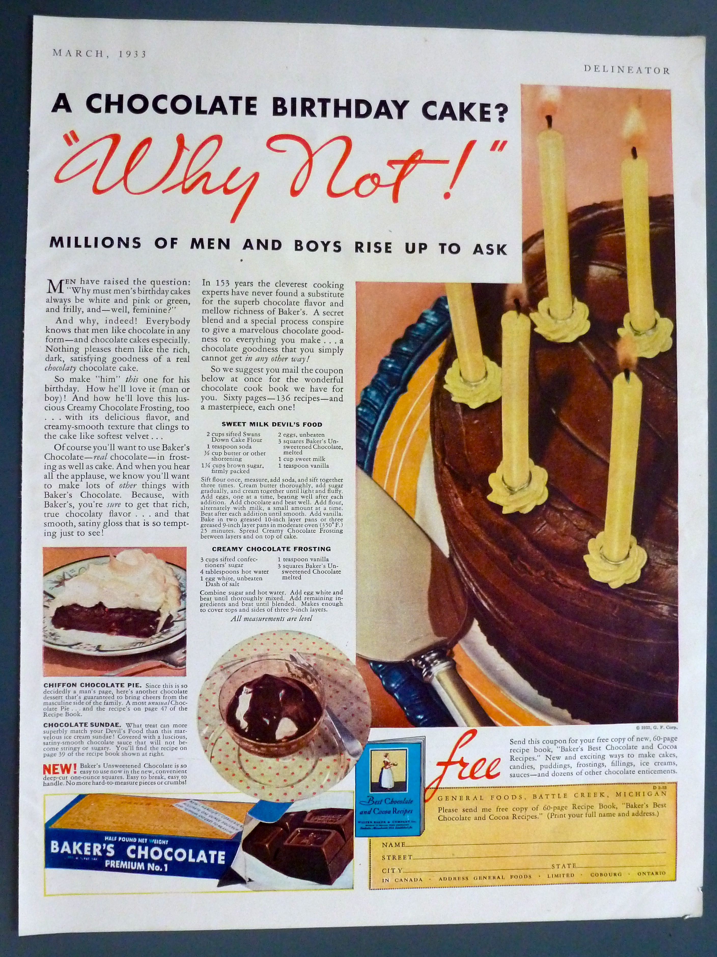1933 Baker's Chocolate with Chocolate Birthday Cake