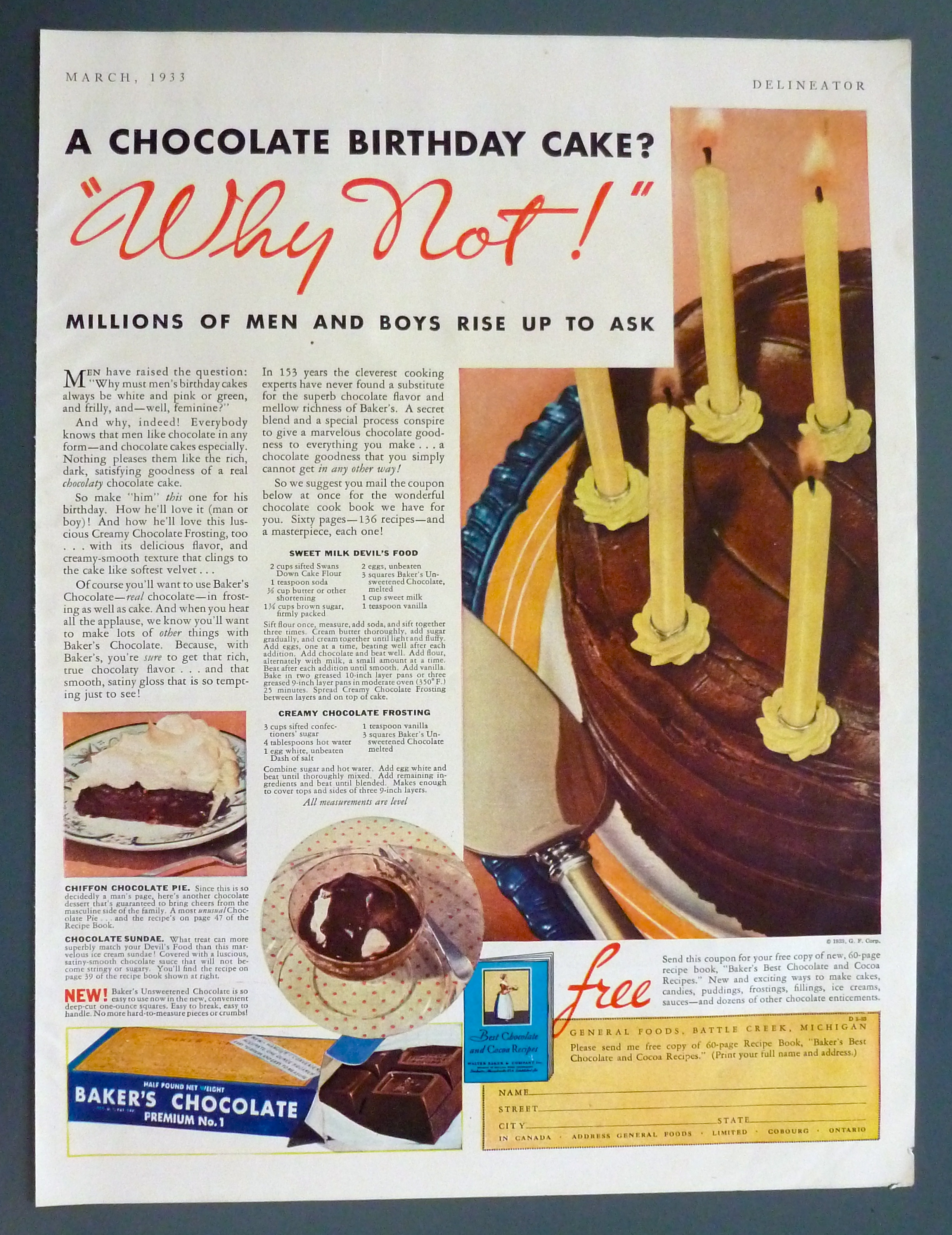 1933 Baker's Chocolate with Chocolate Birthday Cake
