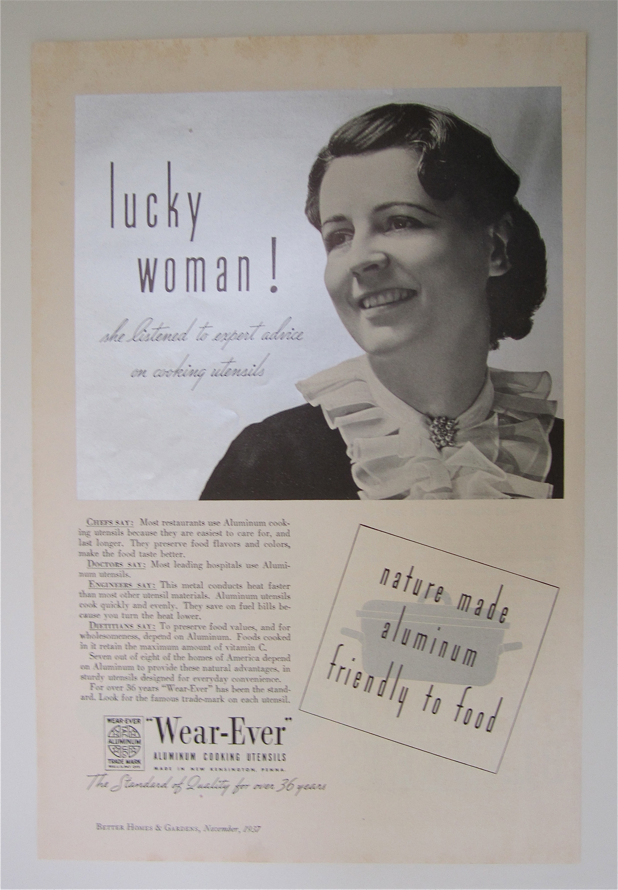 1937 Wear Ever Aluminum Cooking Utensil w Woman Smiling