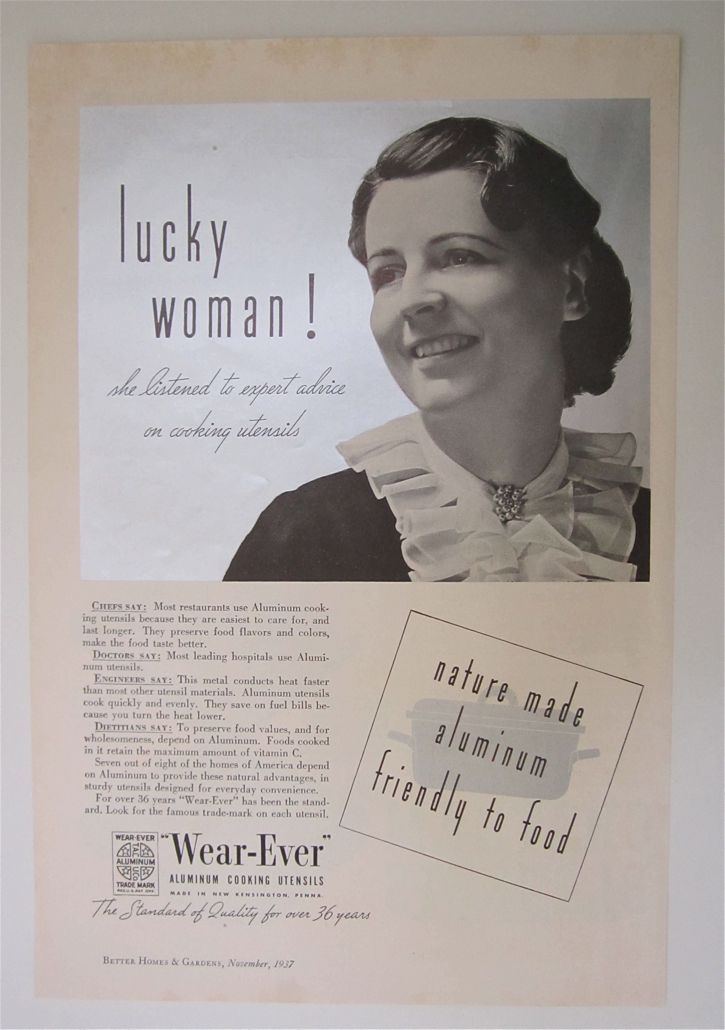 1937 Wear Ever Aluminum Cooking Utensil w Woman Smiling