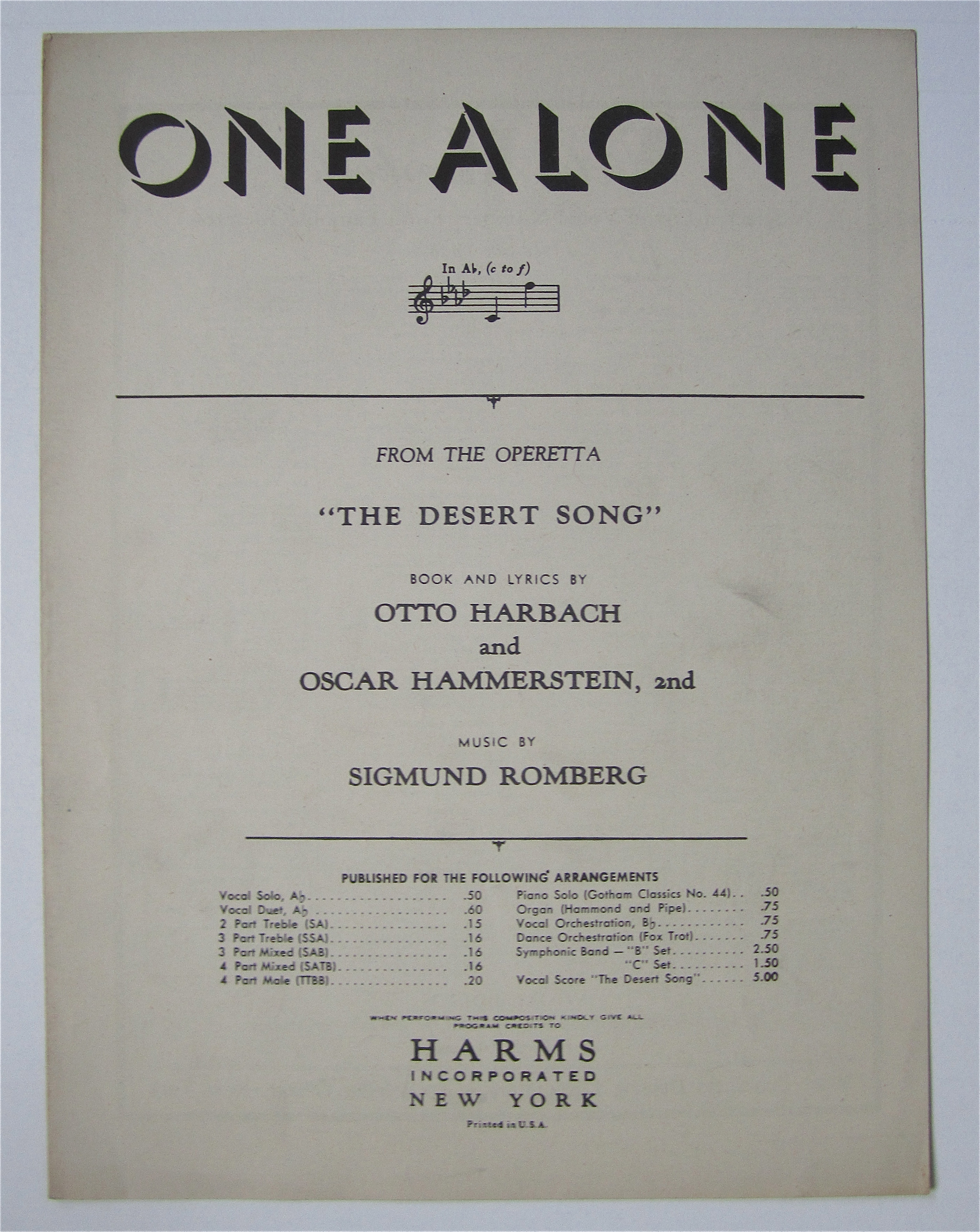 Sheet Music 1926 One Alone