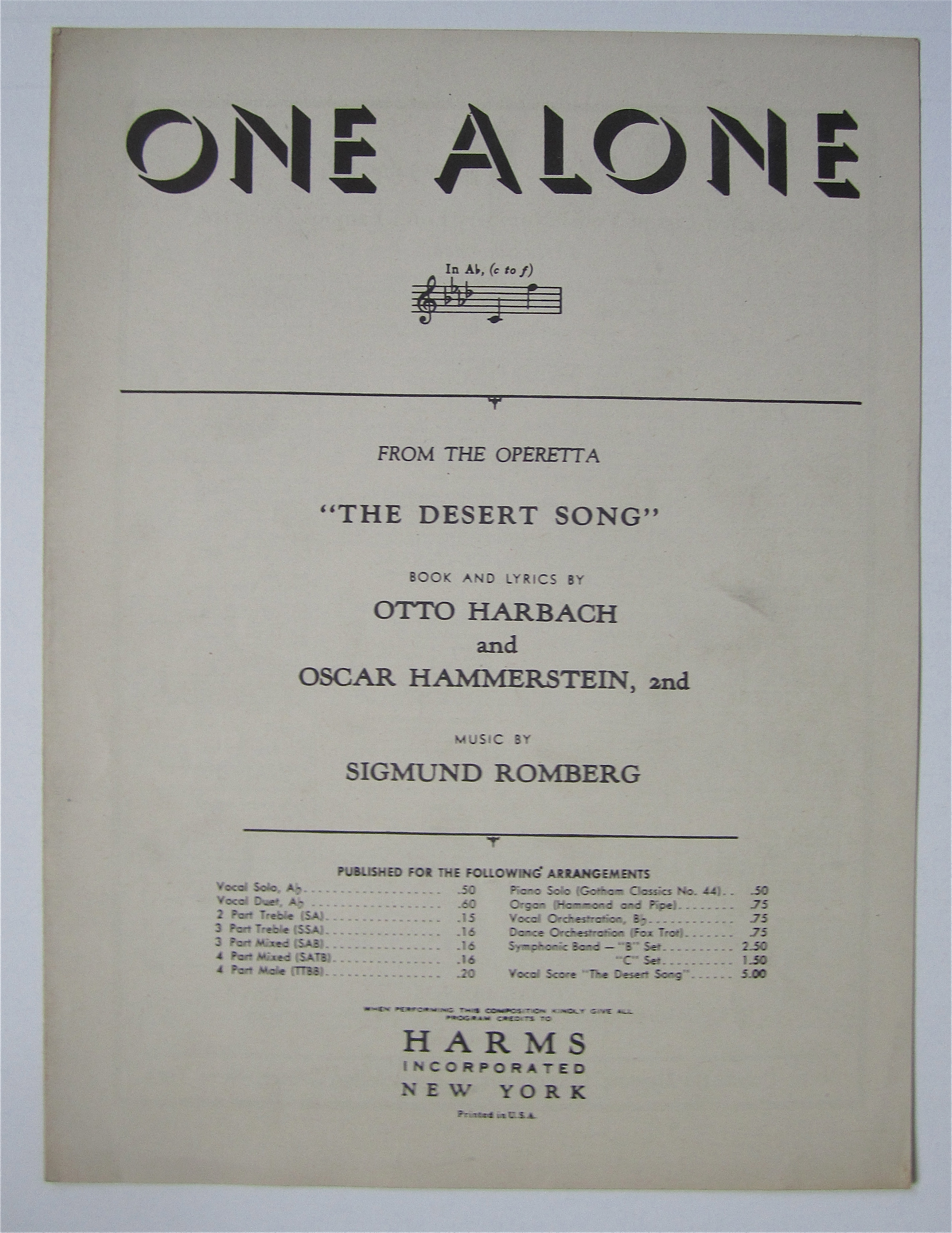 Sheet Music 1926 One Alone