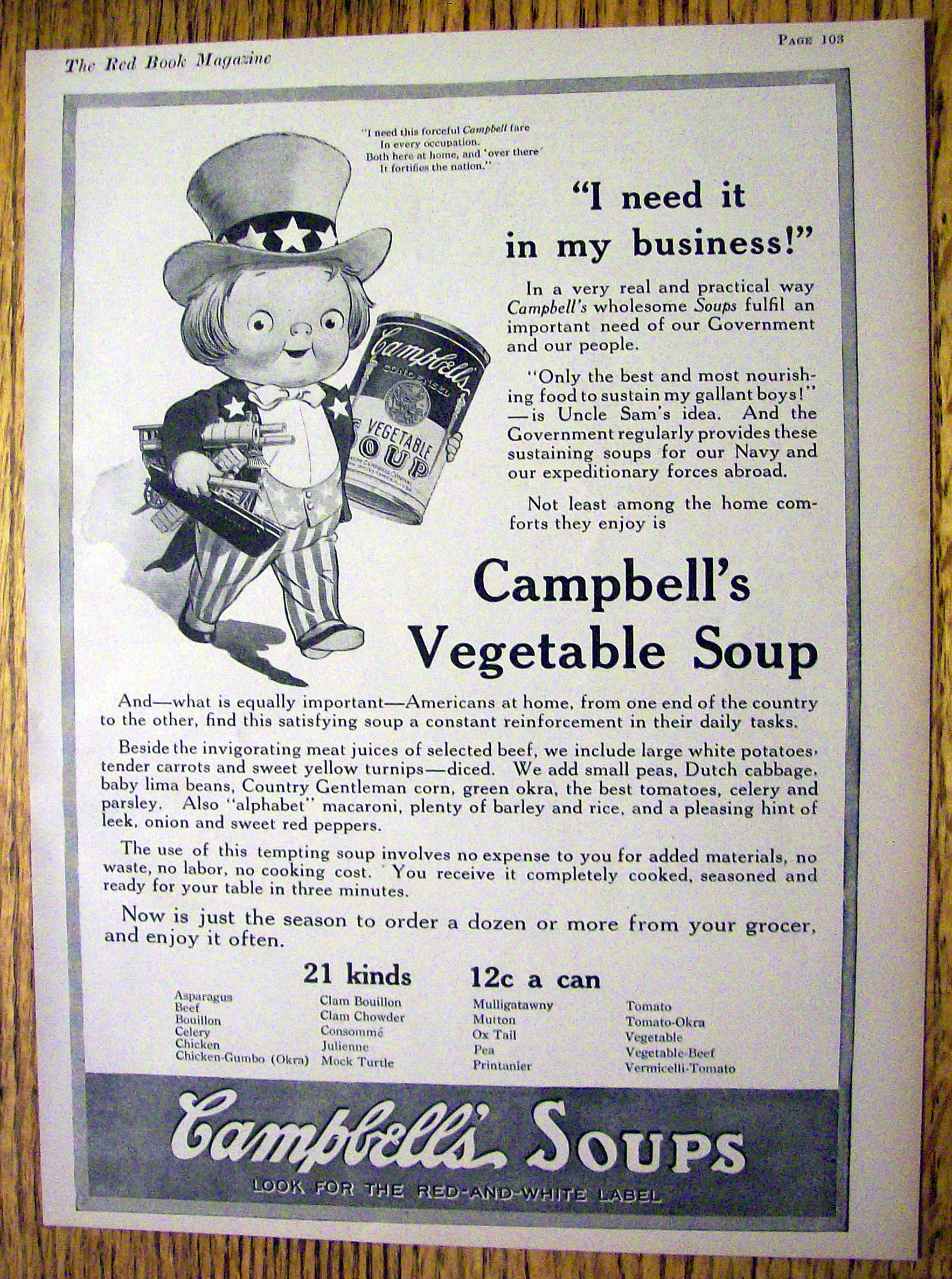 1918 Campbell's Vegetable Soup with Kid Uncle Sam