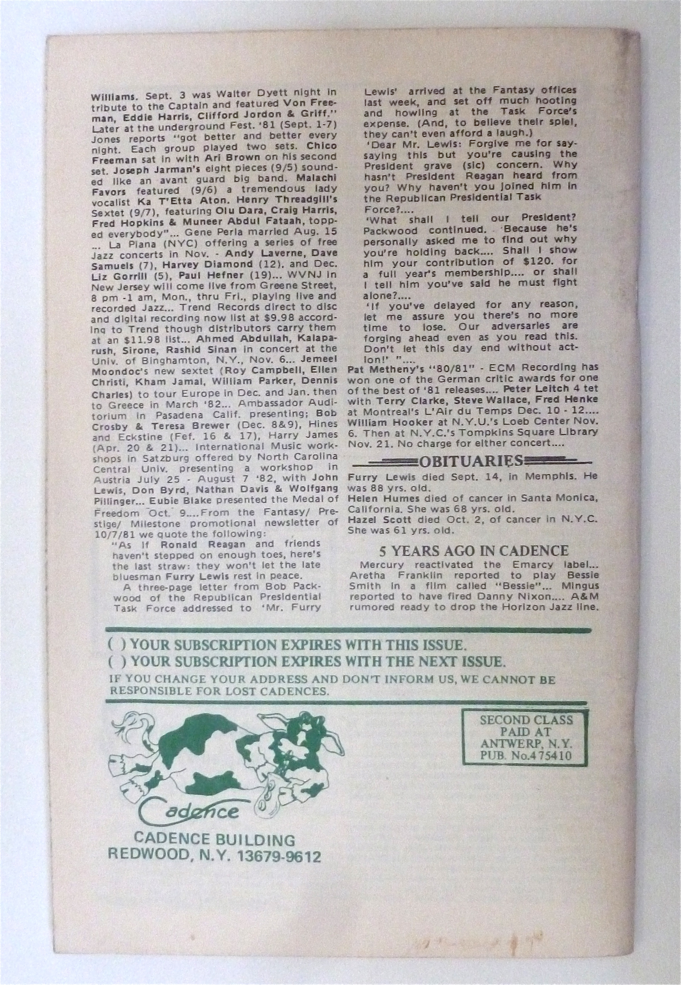 Cadence Magazine November 1981 Dexter Gordon