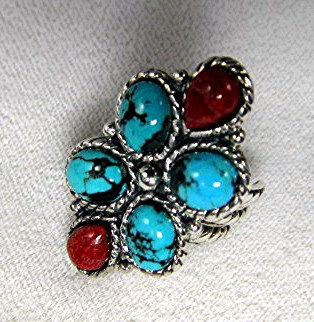Sterling Silver Turquoise Coral Ring By Gurubachi