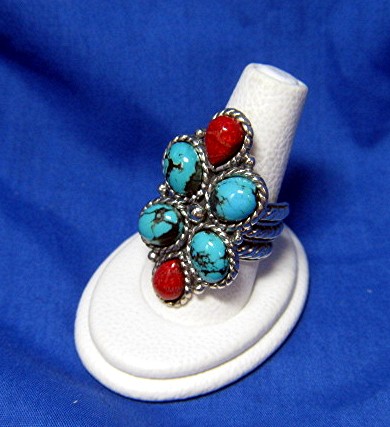 Sterling Silver Turquoise Coral Ring By Gurubachi