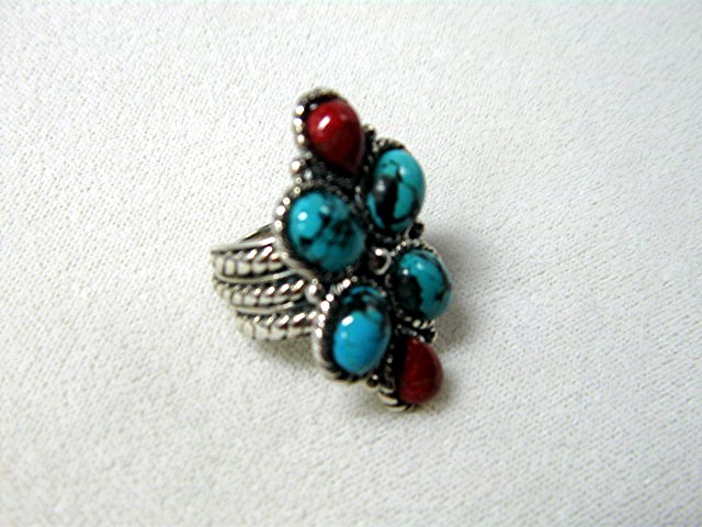 Sterling Silver Turquoise Coral Ring By Gurubachi
