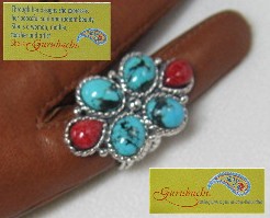 Sterling Silver Turquoise Coral Ring By Gurubachi