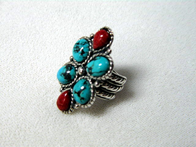 Sterling Silver Turquoise Coral Ring By Gurubachi