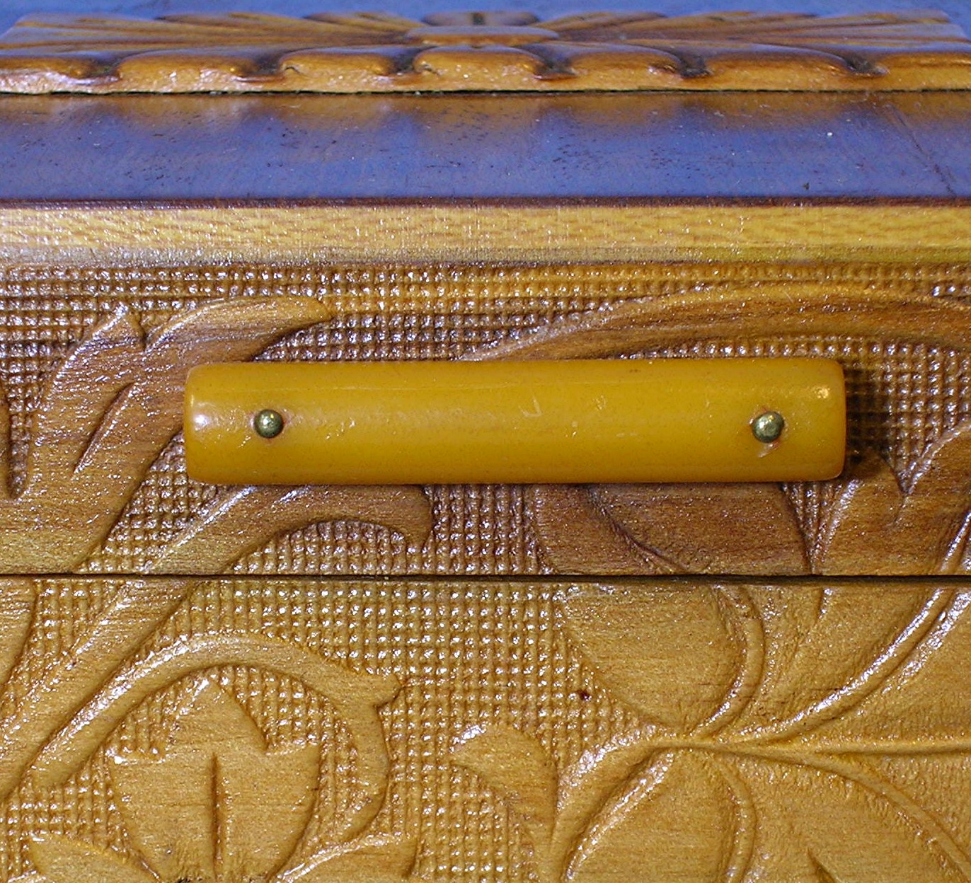Wooden Carved Box Bakelite Catch Mirror Cork Lined