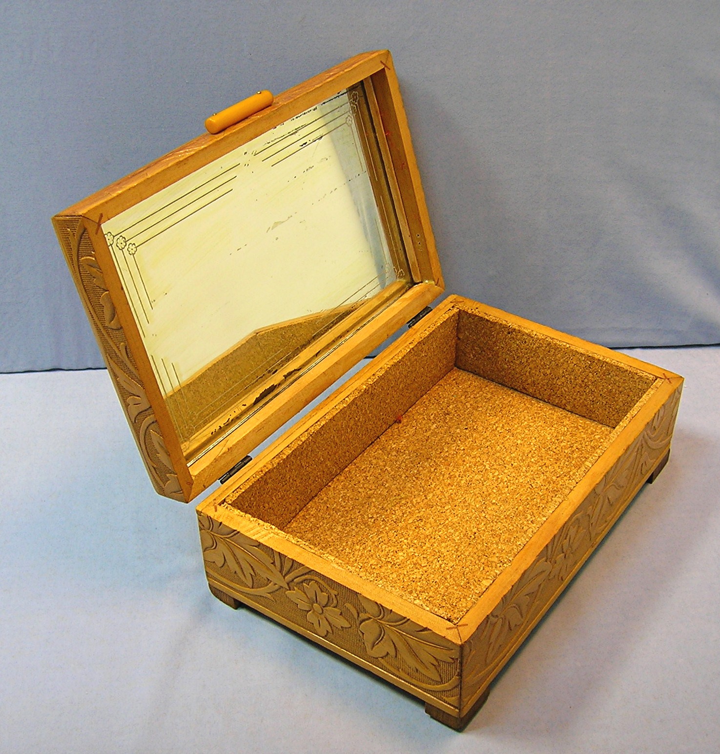 Wooden Carved Box Bakelite Catch Mirror Cork Lined