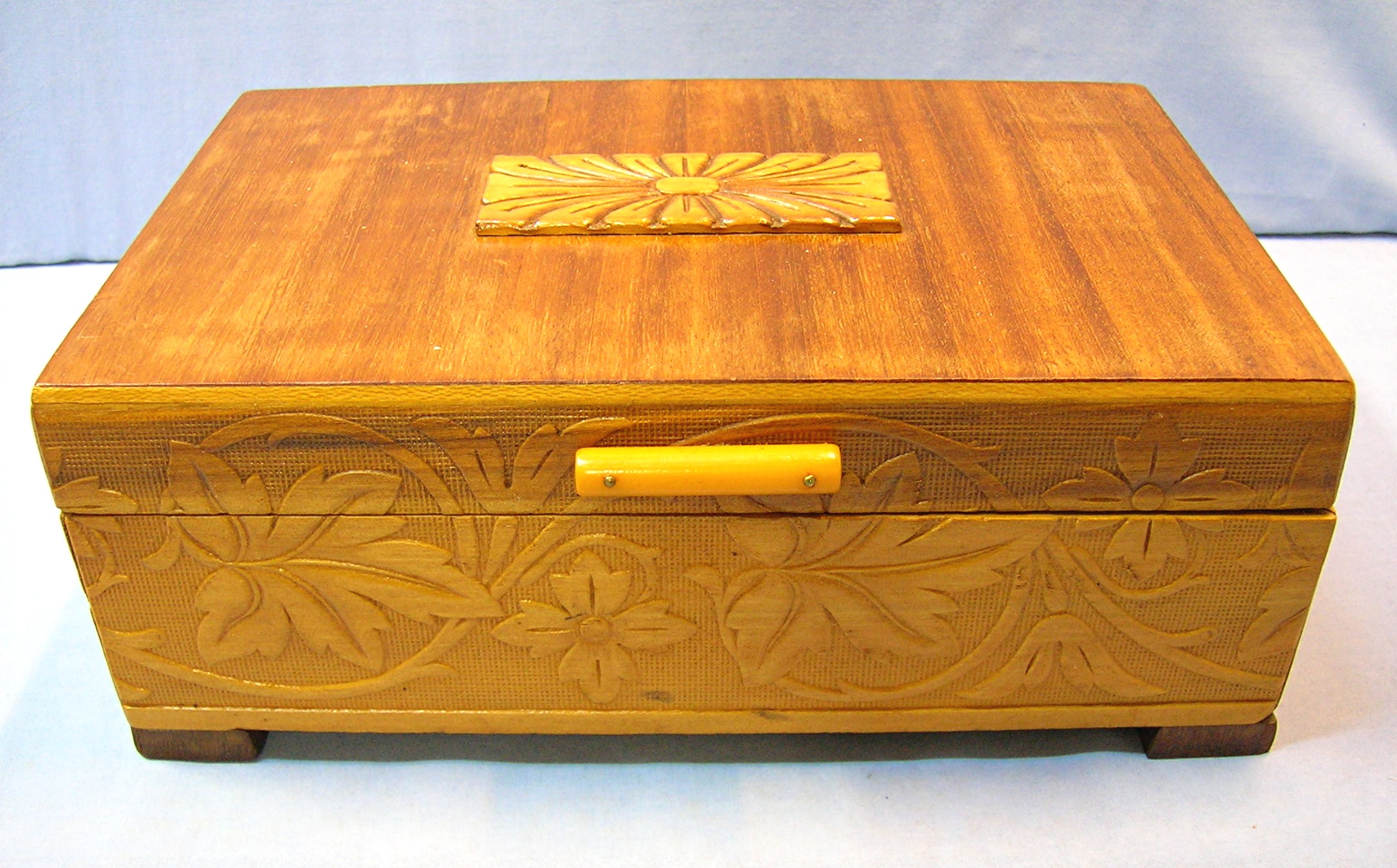 Wooden Carved Box Bakelite Catch Mirror Cork Lined