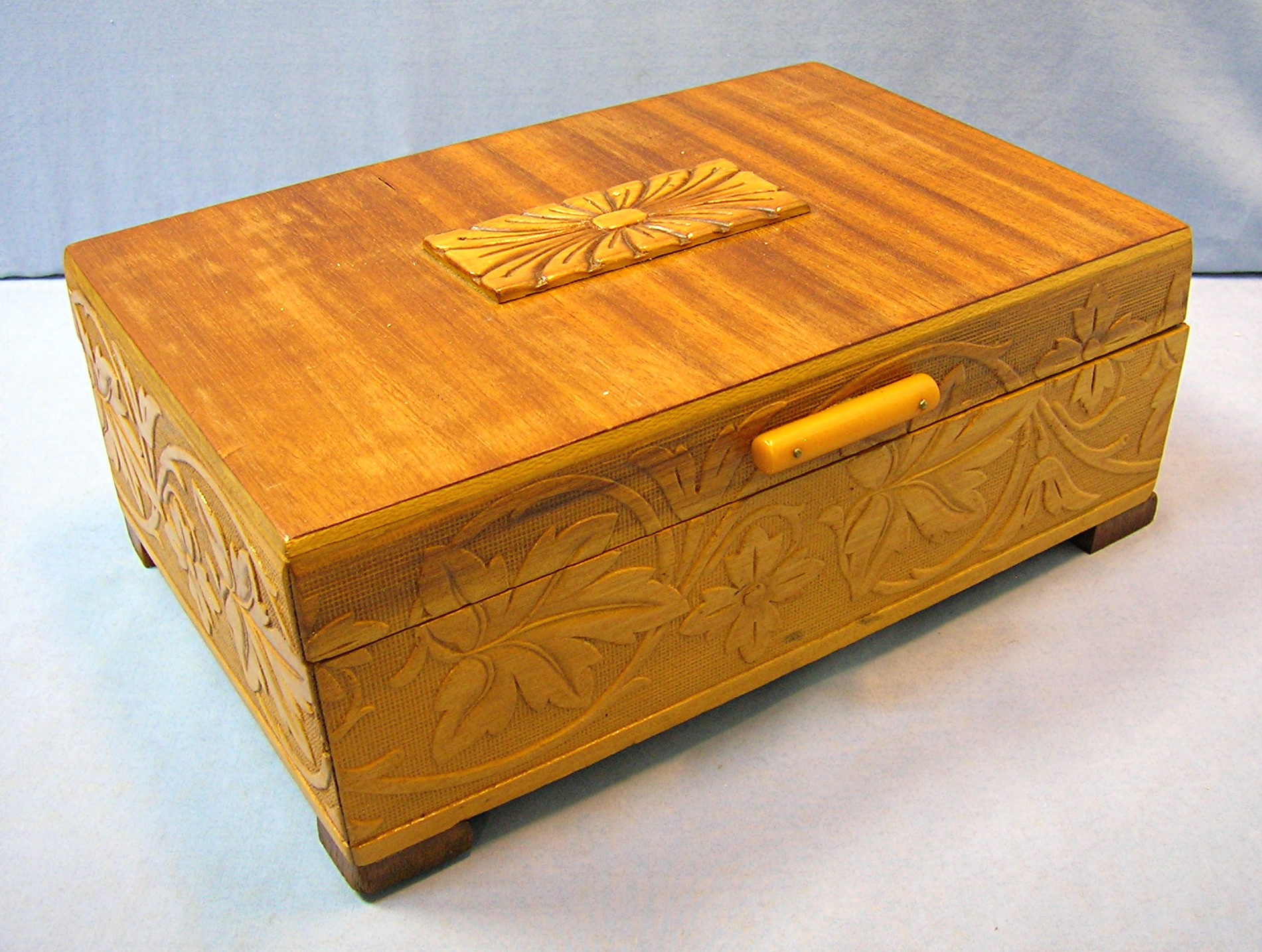 Wooden Carved Box Bakelite Catch Mirror Cork Lined
