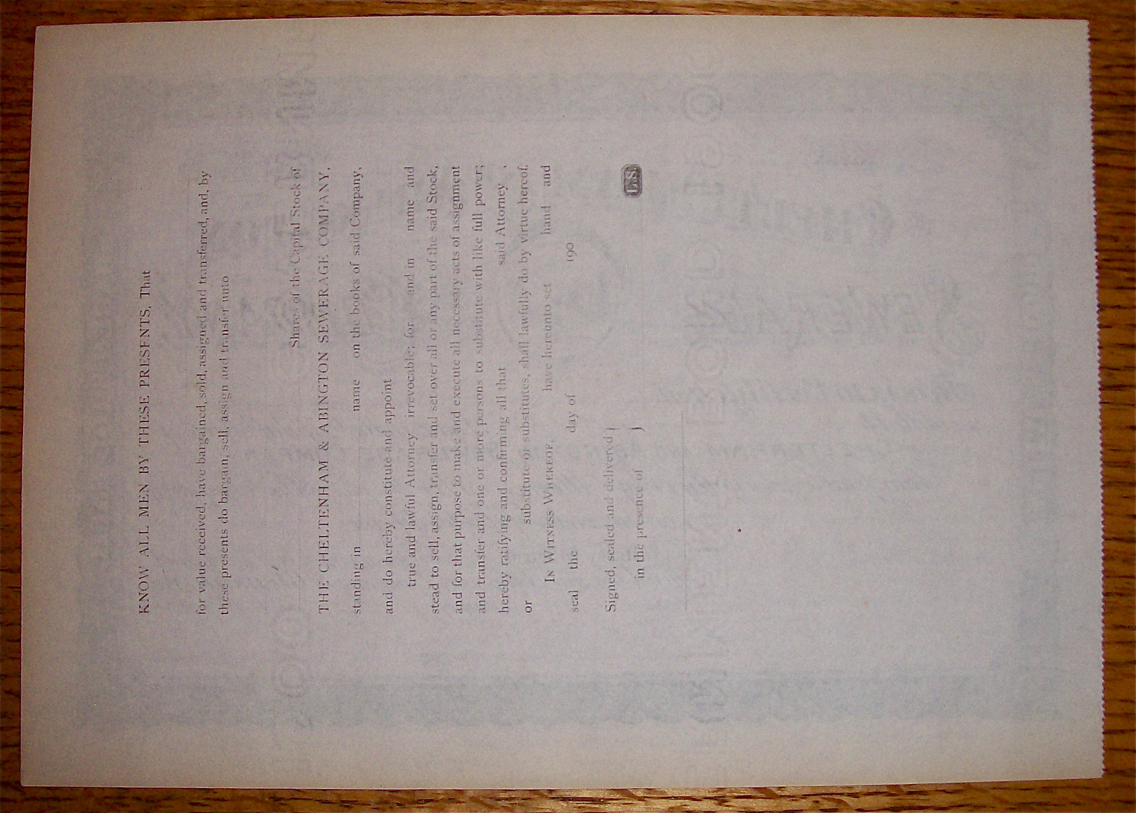 1910's Cheltenham & Abington Sewerage Co. Stock