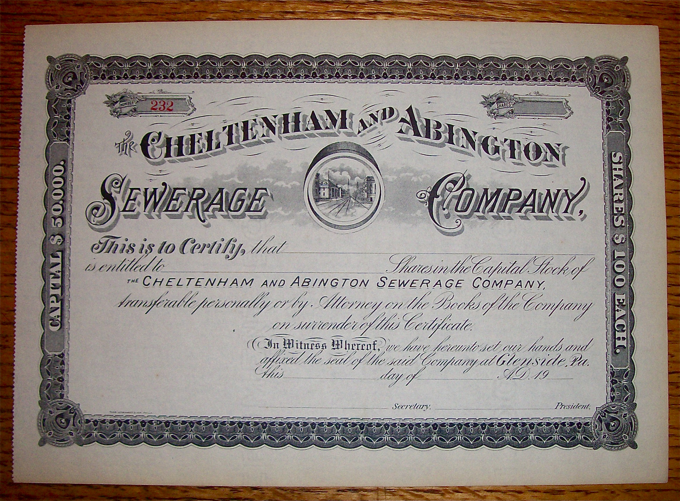1910's Cheltenham & Abington Sewerage Co. Stock