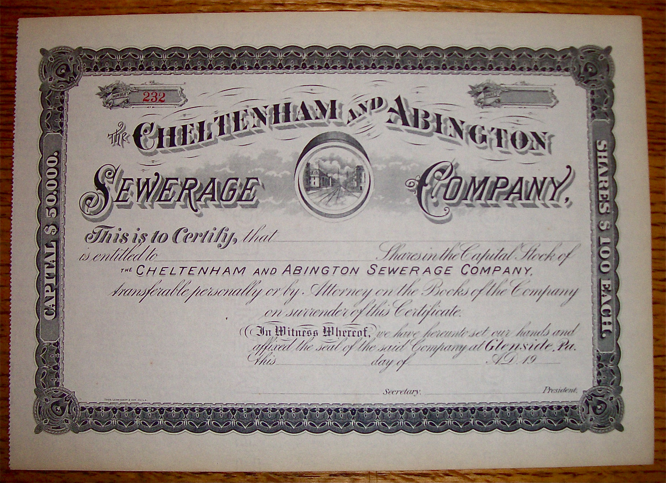 1910's Cheltenham & Abington Sewerage Co. Stock