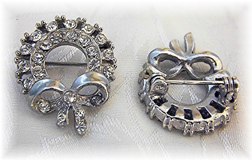 2 Small Silvertone Rhinestone Brooches