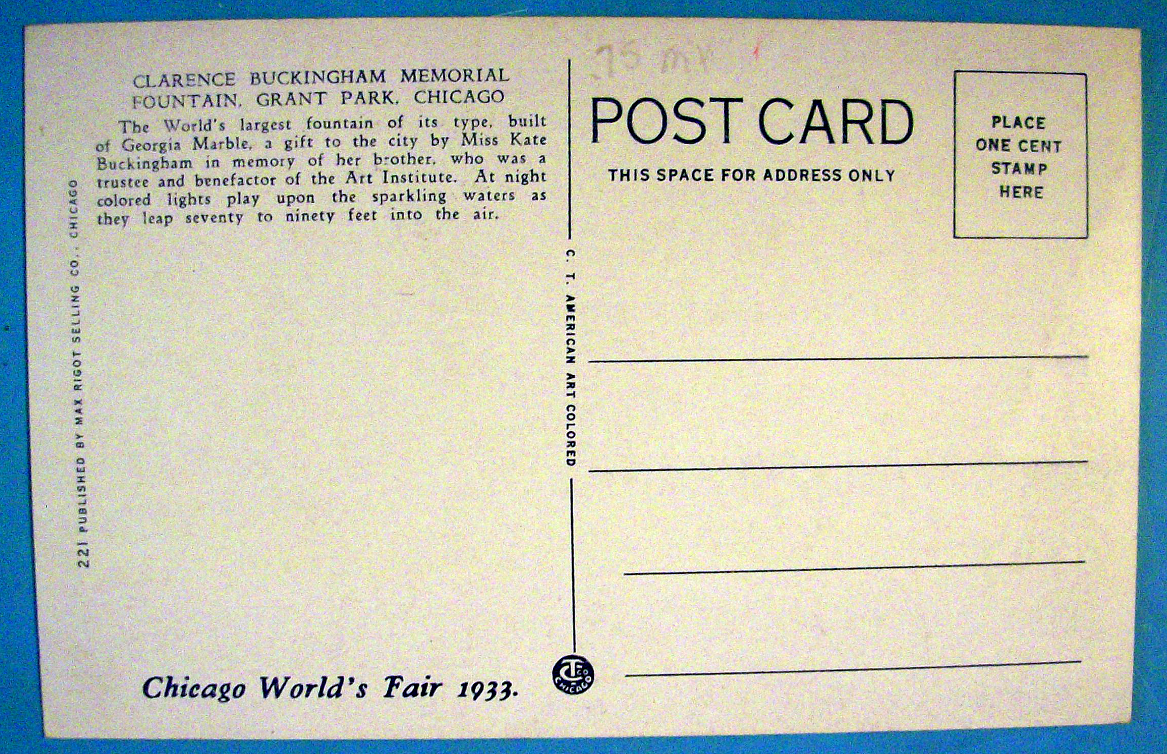1933 Century of Progress Clarence Buckingham Postcard
