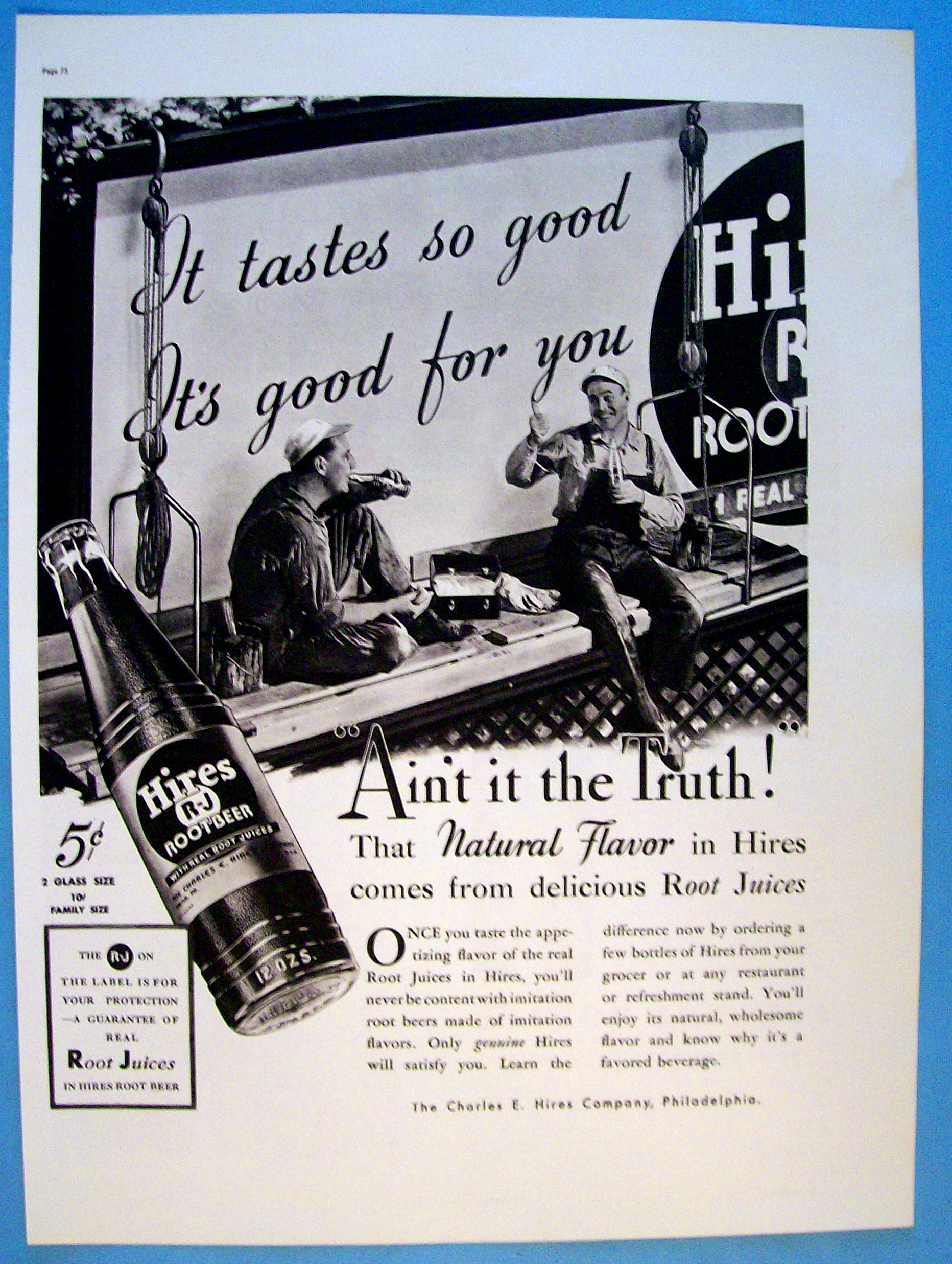 1937 Hires Root Beer with Two Men Taking Lunch