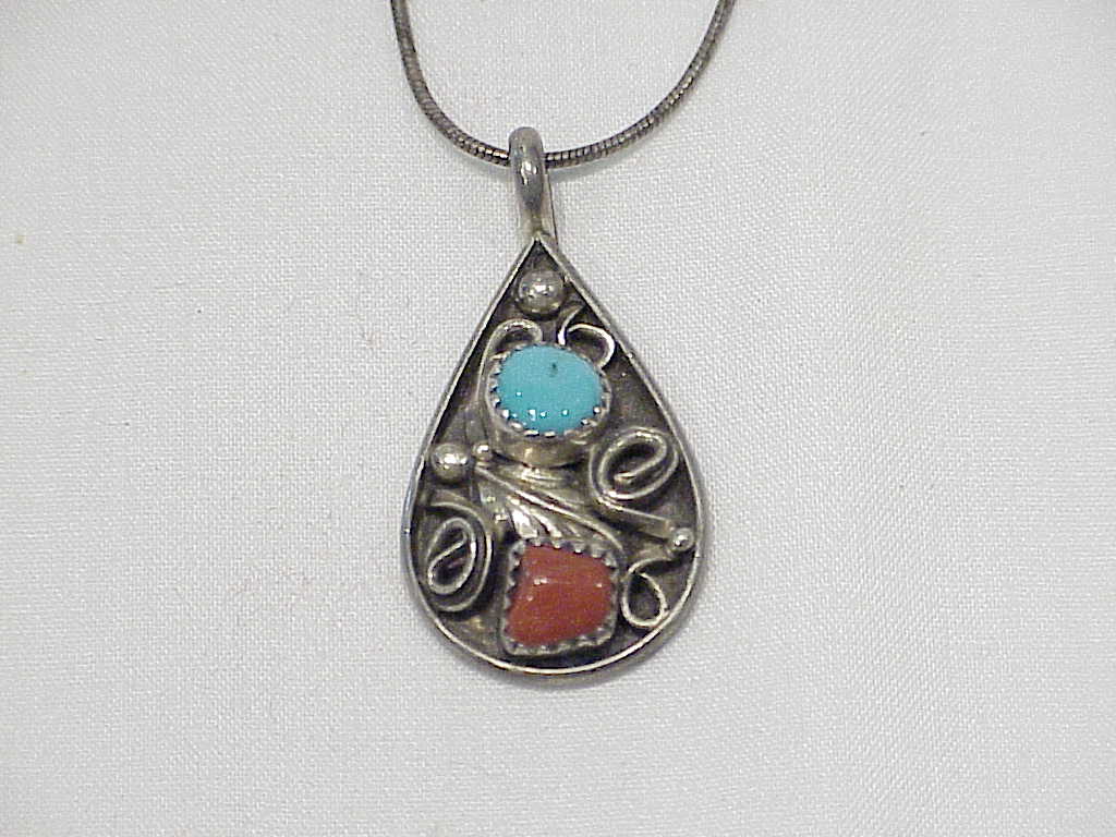 Native American Sterling Silver Turquoise Coral Pendant Necklace