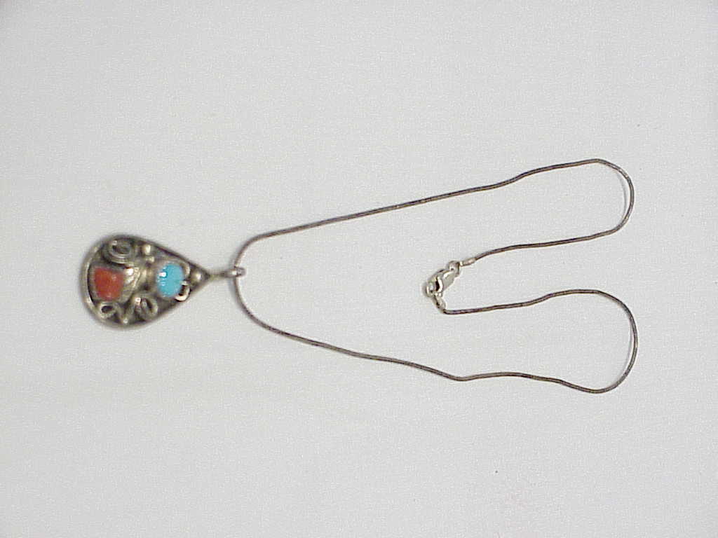 Native American Sterling Silver Turquoise Coral Pendant Necklace