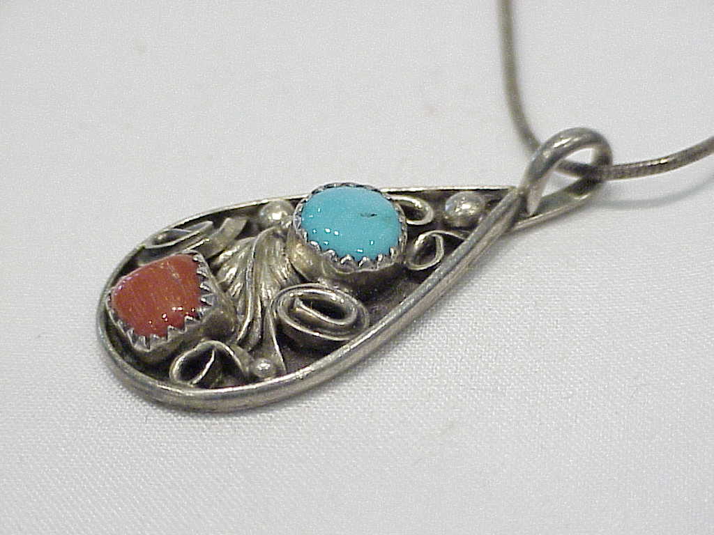 Native American Sterling Silver Turquoise Coral Pendant Necklace