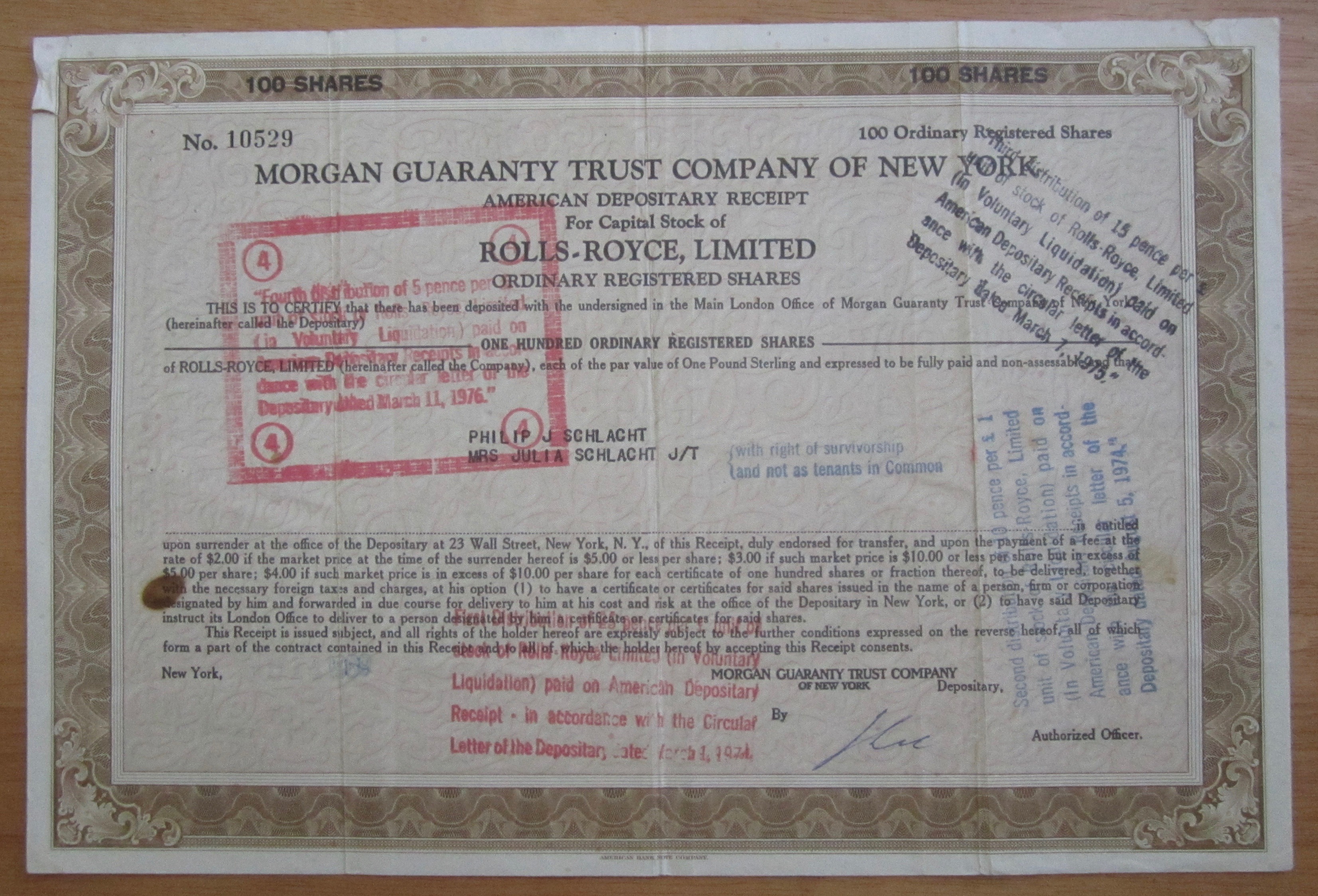 1974 Rolls Royce Limited Stock Certificate