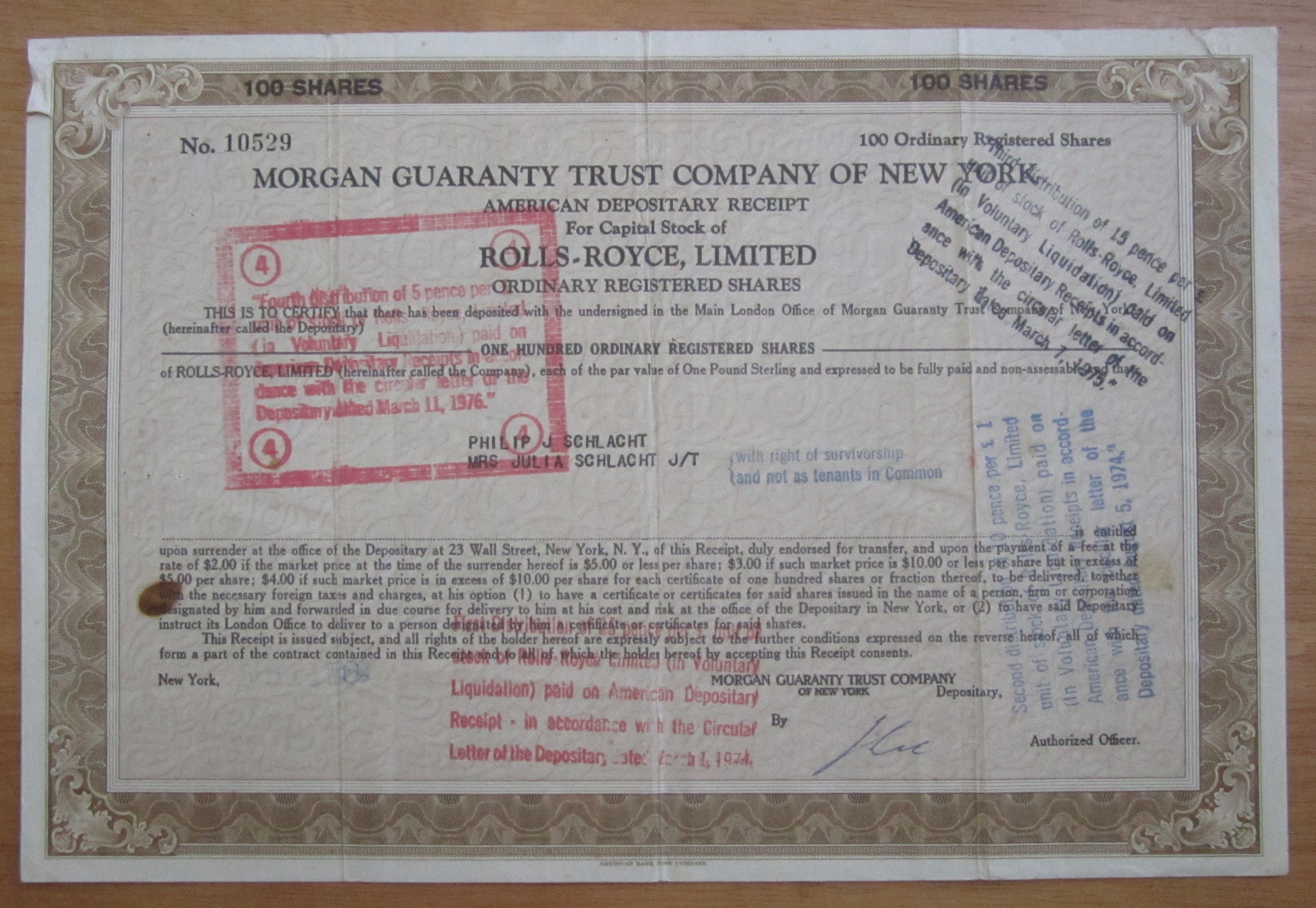 1974 Rolls Royce Limited Stock Certificate