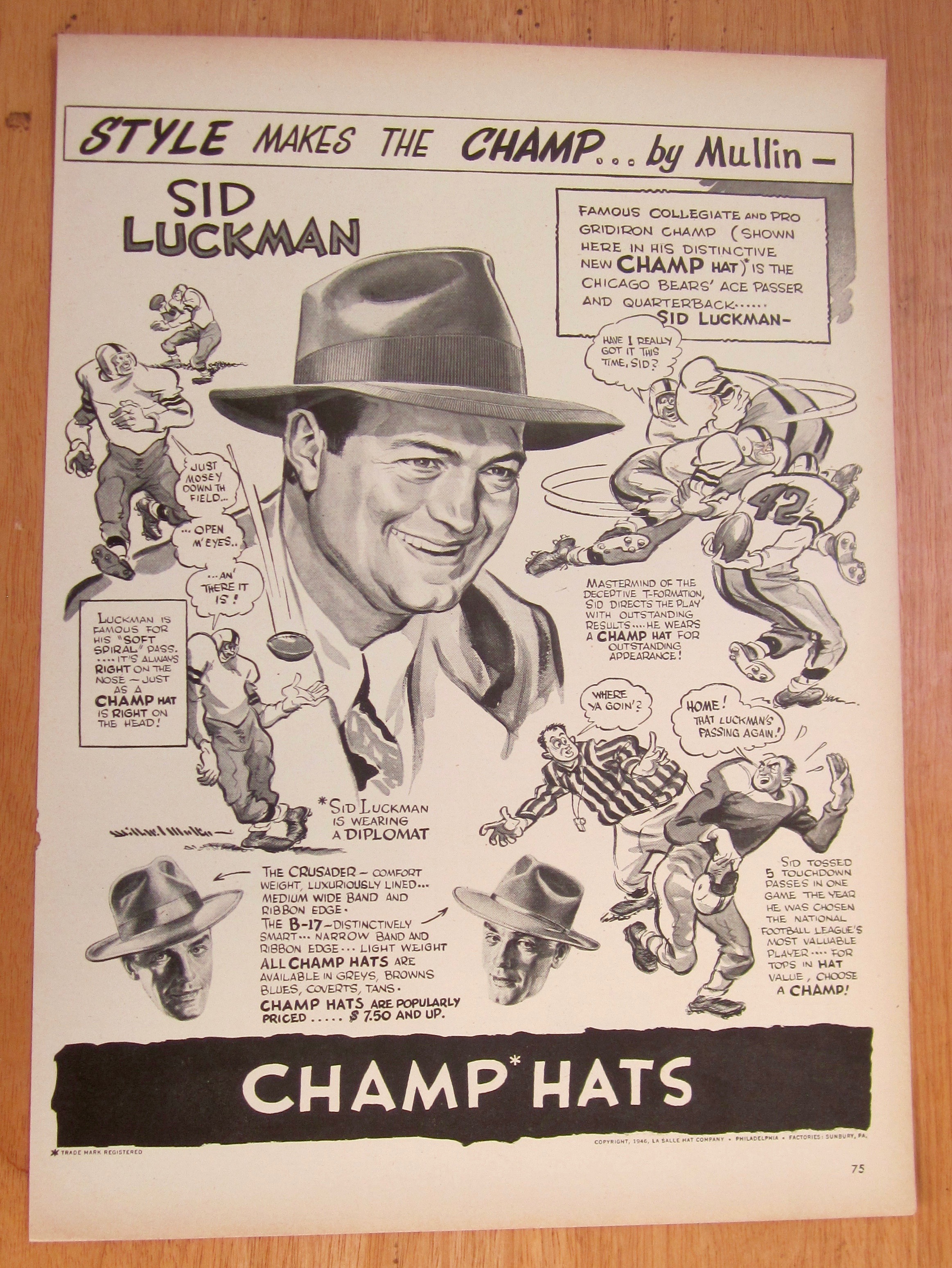 1946 Champ Hats w/Sid Luckman-Chicago Bears' Ace Passer