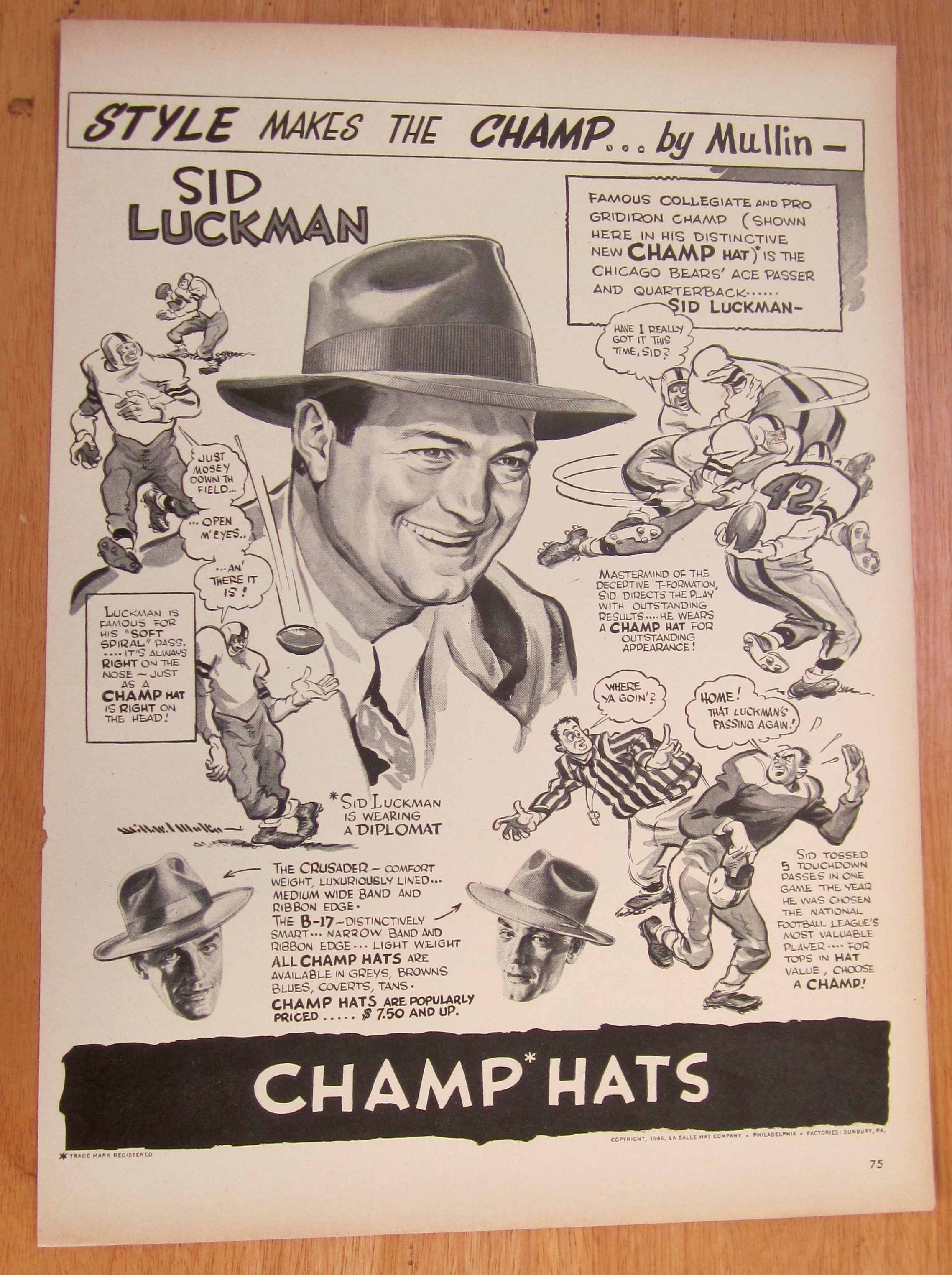 1946 Champ Hats w/Sid Luckman-Chicago Bears' Ace Passer