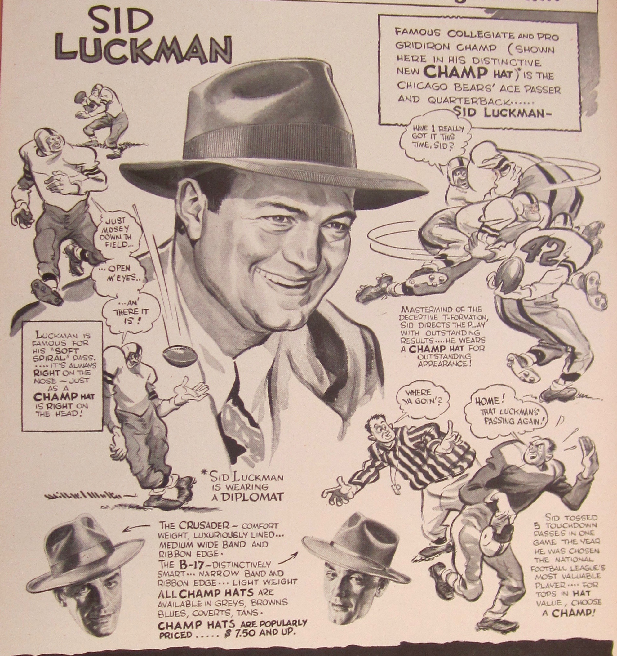 1946 Champ Hats w/Sid Luckman-Chicago Bears' Ace Passer