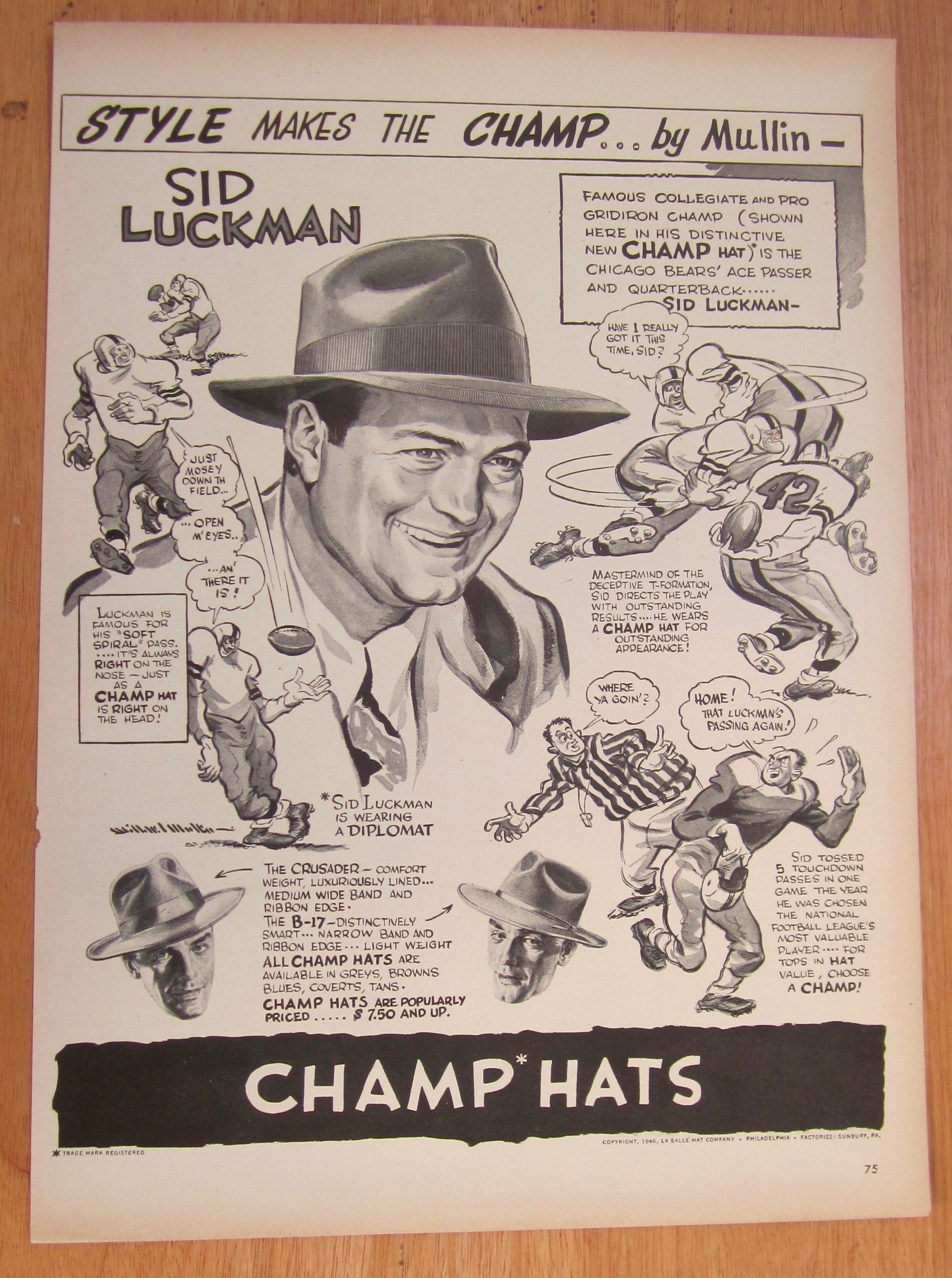 1946 Champ Hats w/Sid Luckman-Chicago Bears' Ace Passer